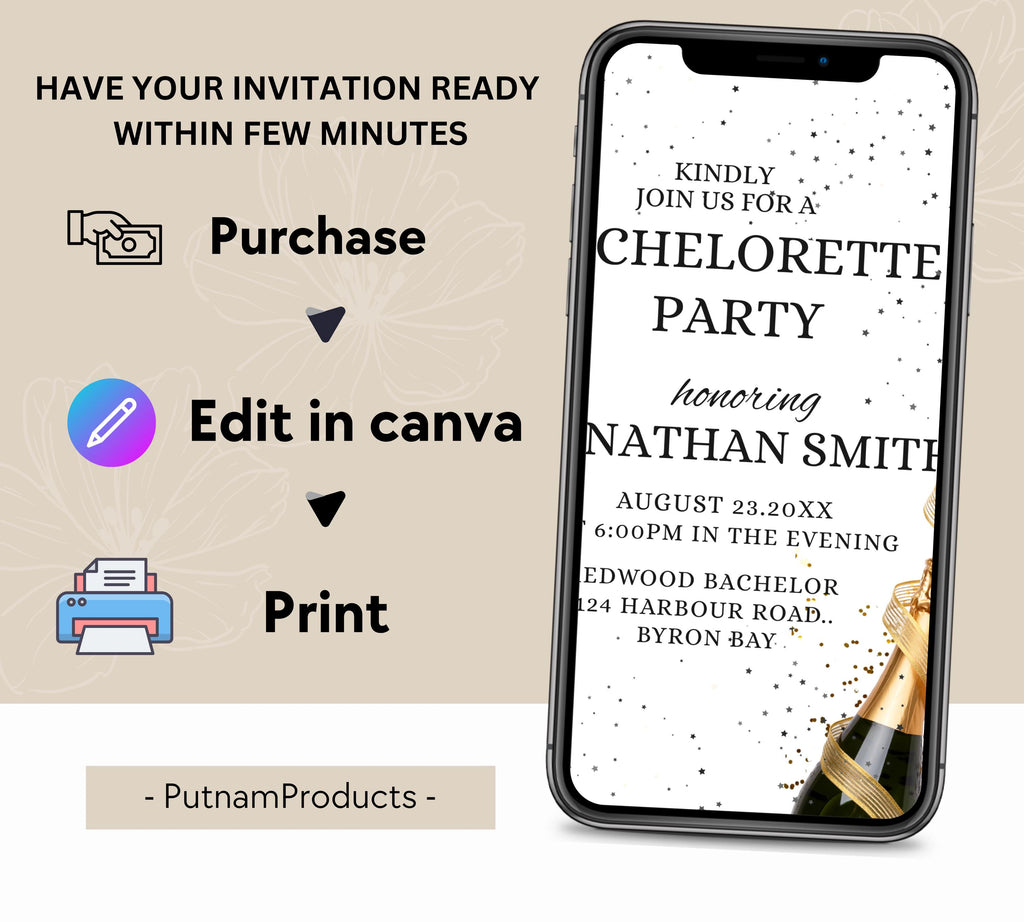 Bachelorette Party invitation, Editable champagne Bachelor Weekend, weekend brewery bachelor party invite, champagne bachelor party invite