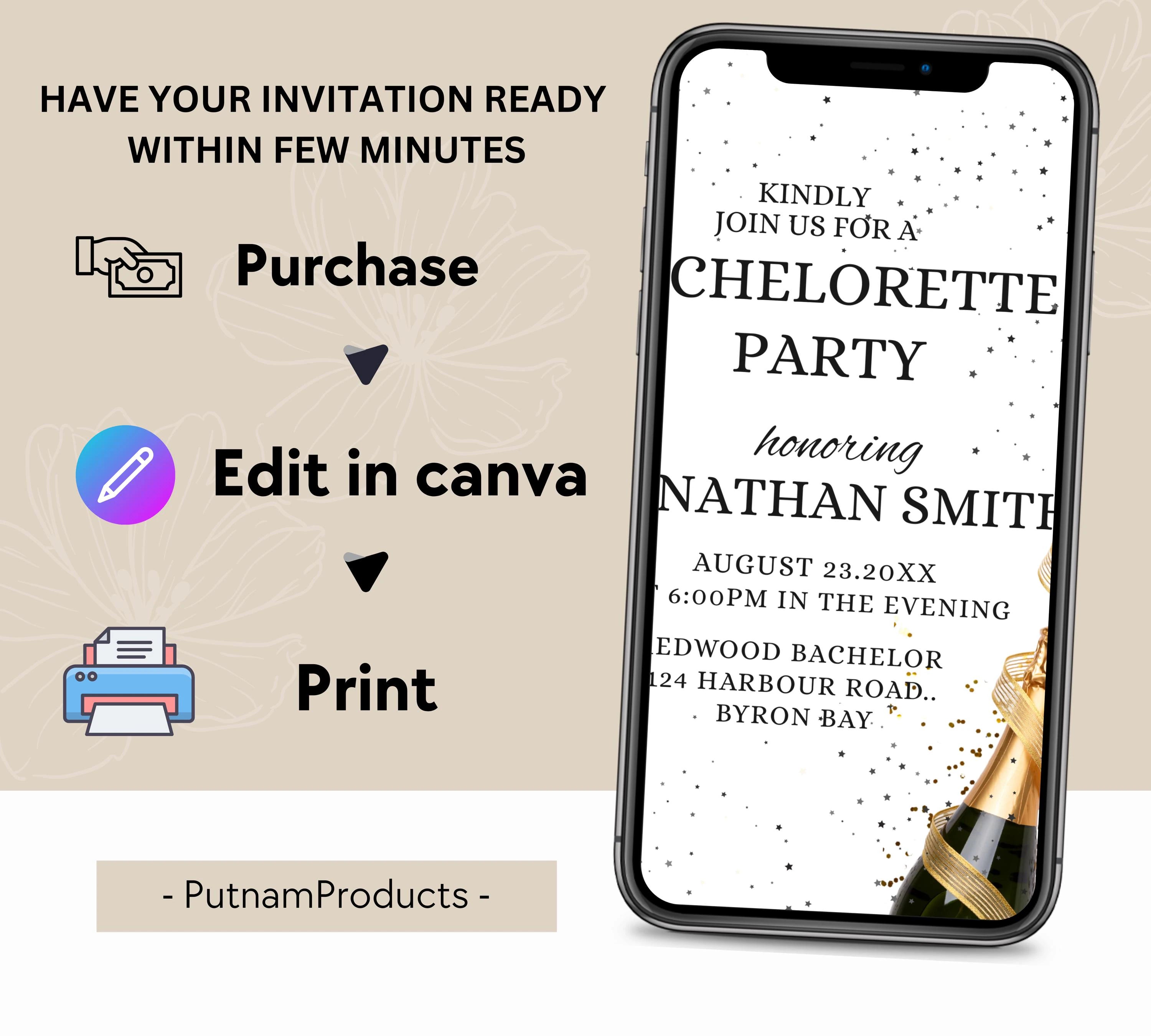 Bachelorette Party invitation, Editable champagne Bachelor Weekend, weekend brewery bachelor party invite, champagne bachelor party invite