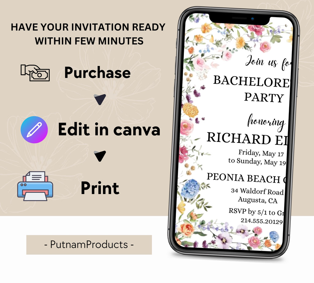 Wild Floral Editable Bachelorette Party Invitation, Itinerary, Bachelorette Weekend, Bachelor Party Invitation and Itinerary, Party Invite
