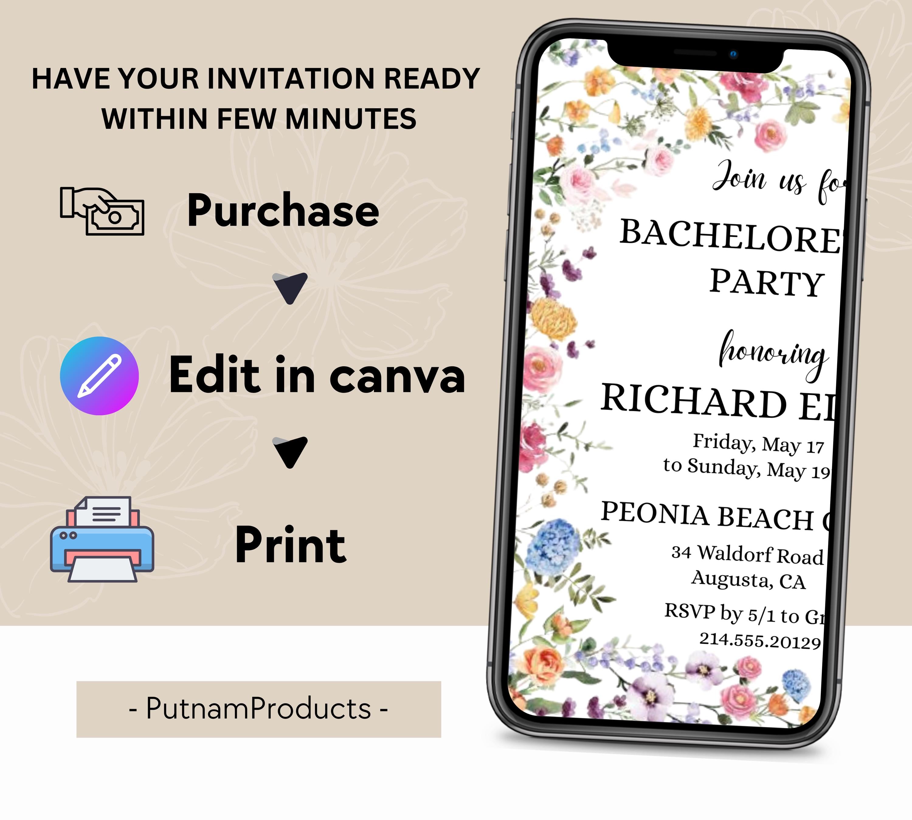 Wild Floral Editable Bachelorette Party Invitation, Itinerary, Bachelorette Weekend, Bachelor Party Invitation and Itinerary, Party Invite