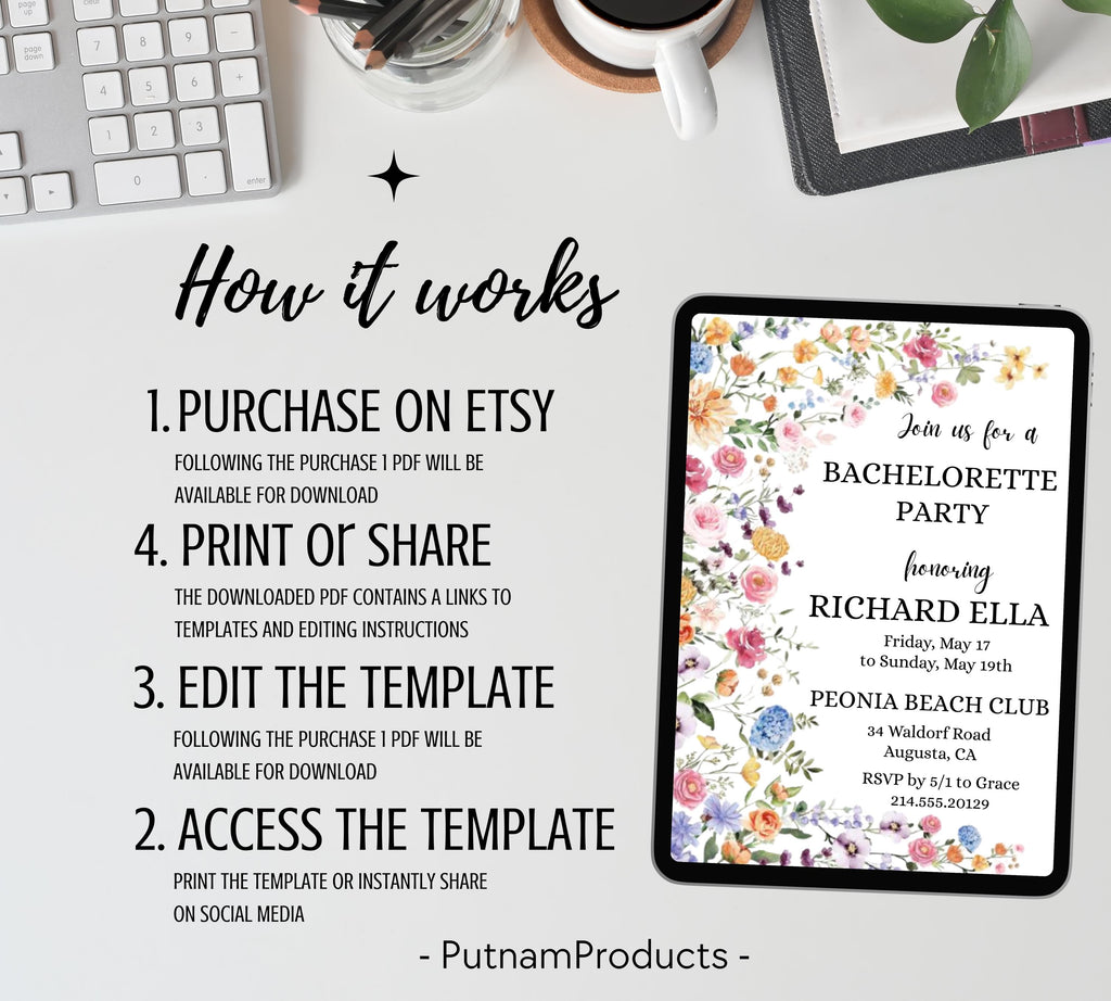 Wild Floral Editable Bachelorette Party Invitation, Itinerary, Bachelorette Weekend, Bachelor Party Invitation and Itinerary, Party Invite