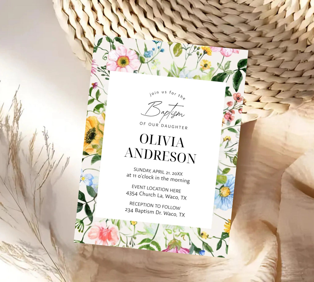 Wildflower Baptism Invitation Template, Wildflower Christening Invite, Pink Girls Baptism Invitation, Religious Cross, Floral Invitation