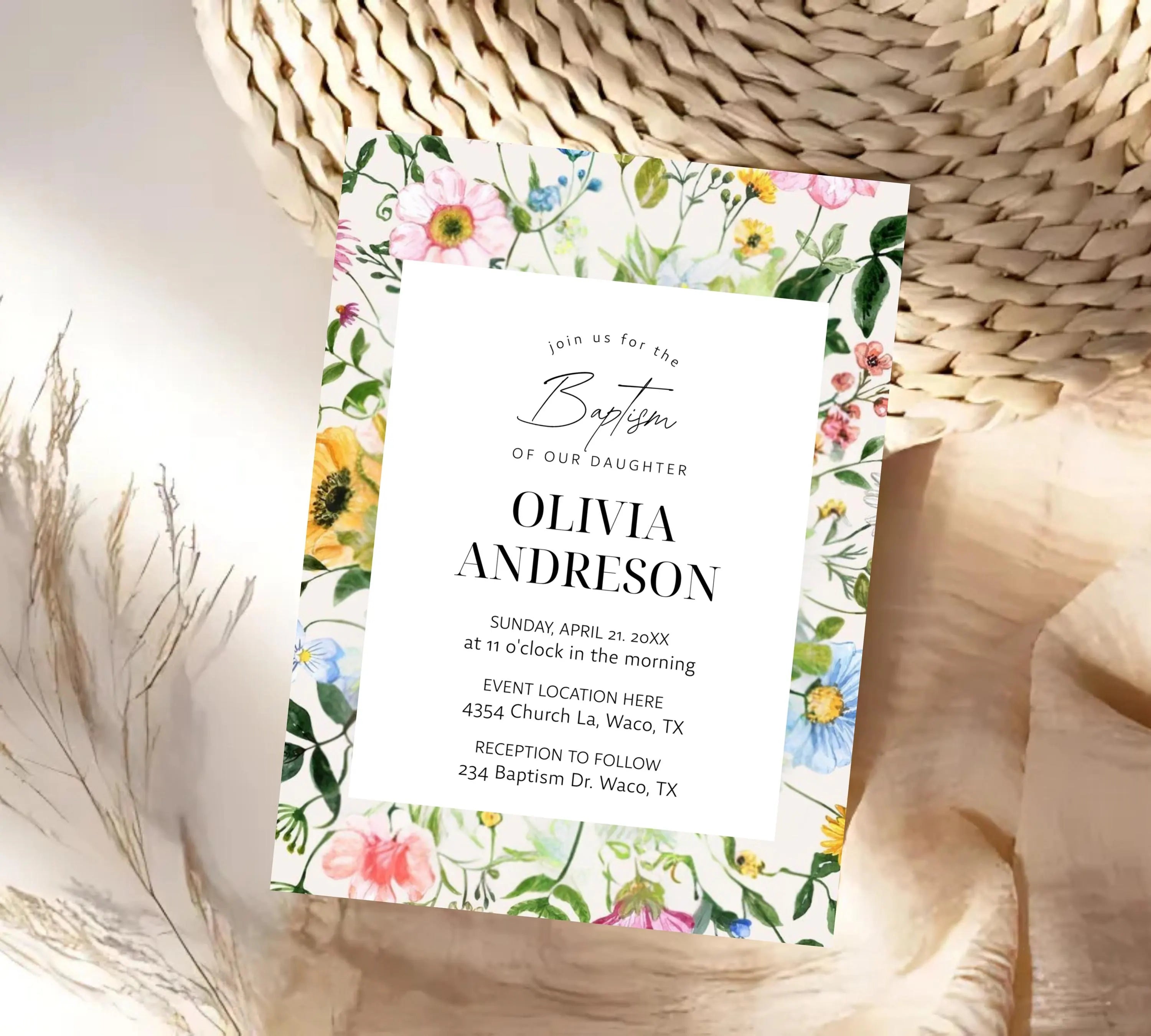 Wildflower Baptism Invitation Template, Wildflower Christening Invite, Pink Girls Baptism Invitation, Religious Cross, Floral Invitation