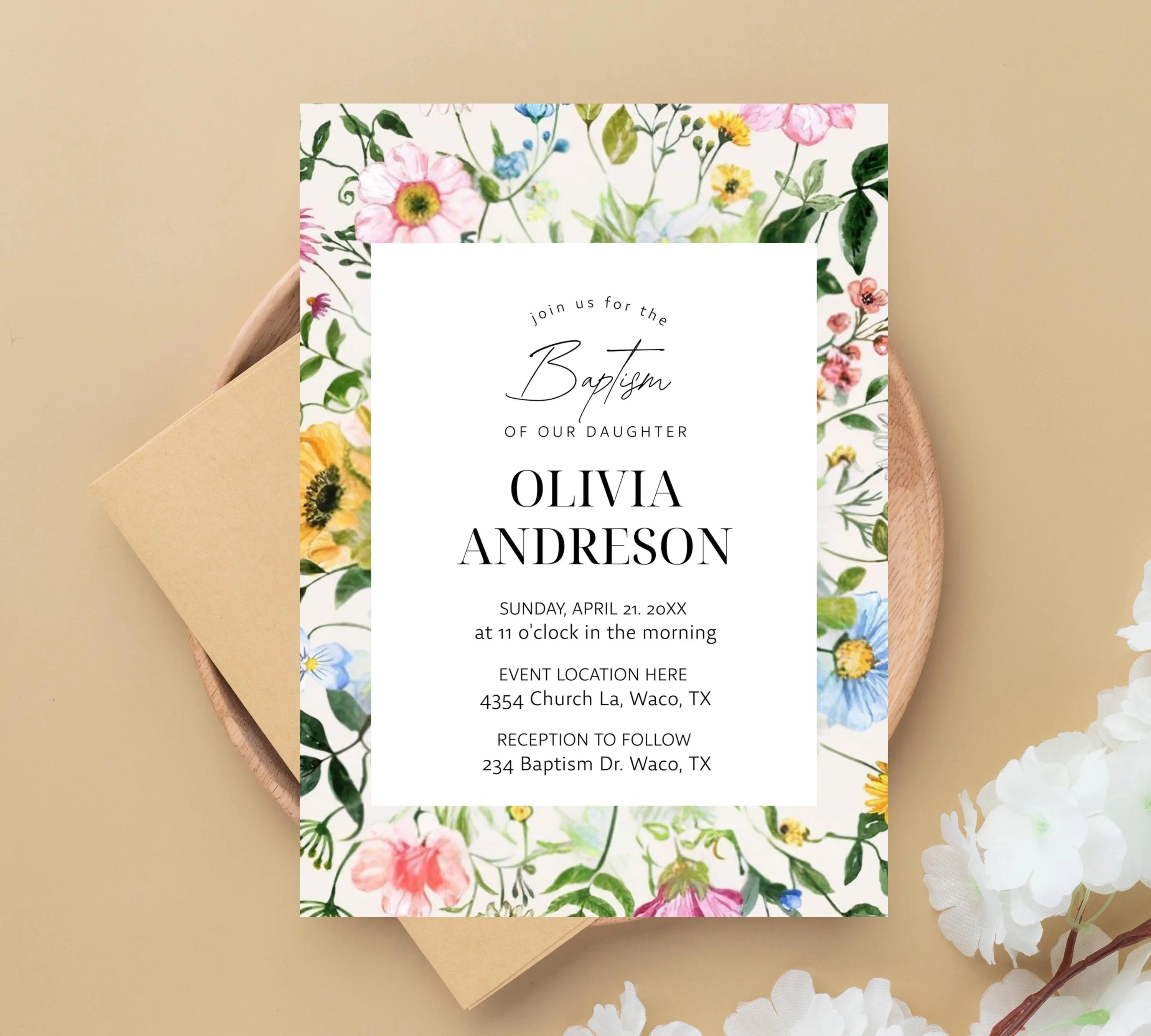 Wildflower Baptism Invitation Template, Wildflower Christening Invite, Pink Girls Baptism Invitation, Religious Cross, Floral Invitation