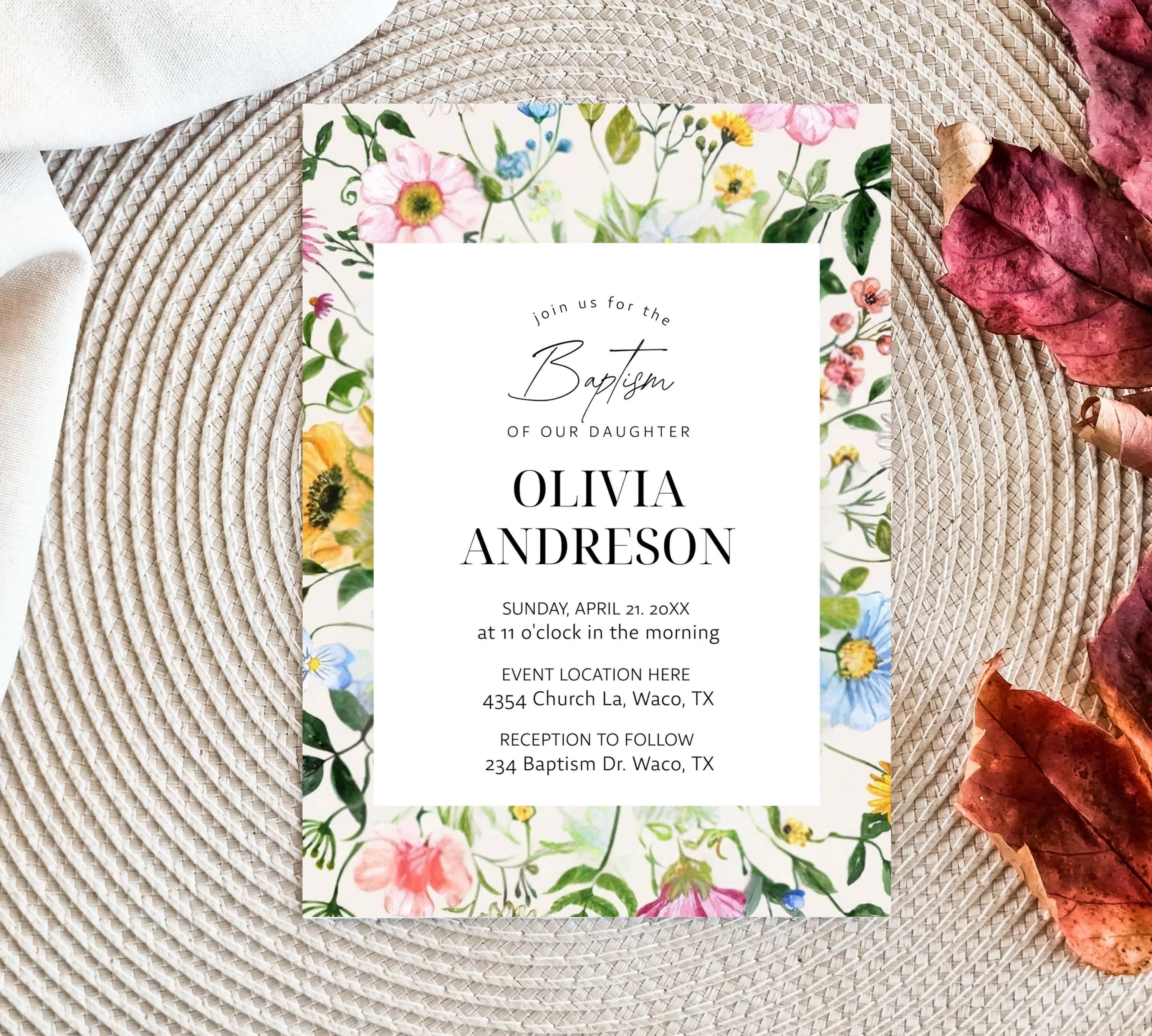 Wildflower Baptism Invitation Template, Wildflower Christening Invite, Pink Girls Baptism Invitation, Religious Cross, Floral Invitation