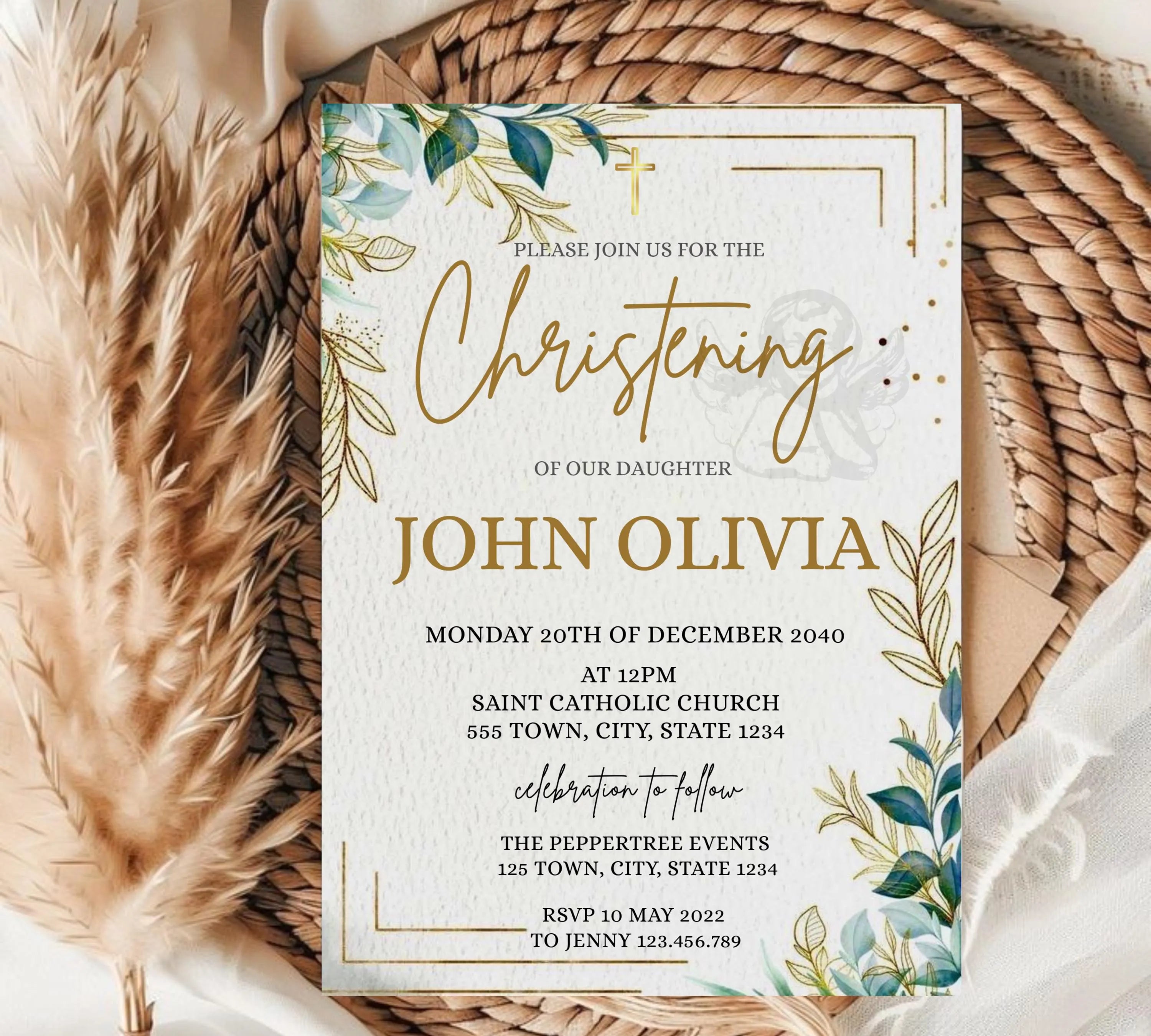 Modern Christening Invitation, Minimalist Greenery Baptism Invitation Template, Christening Invite, Religious Cross, Greenery Baptism Invite