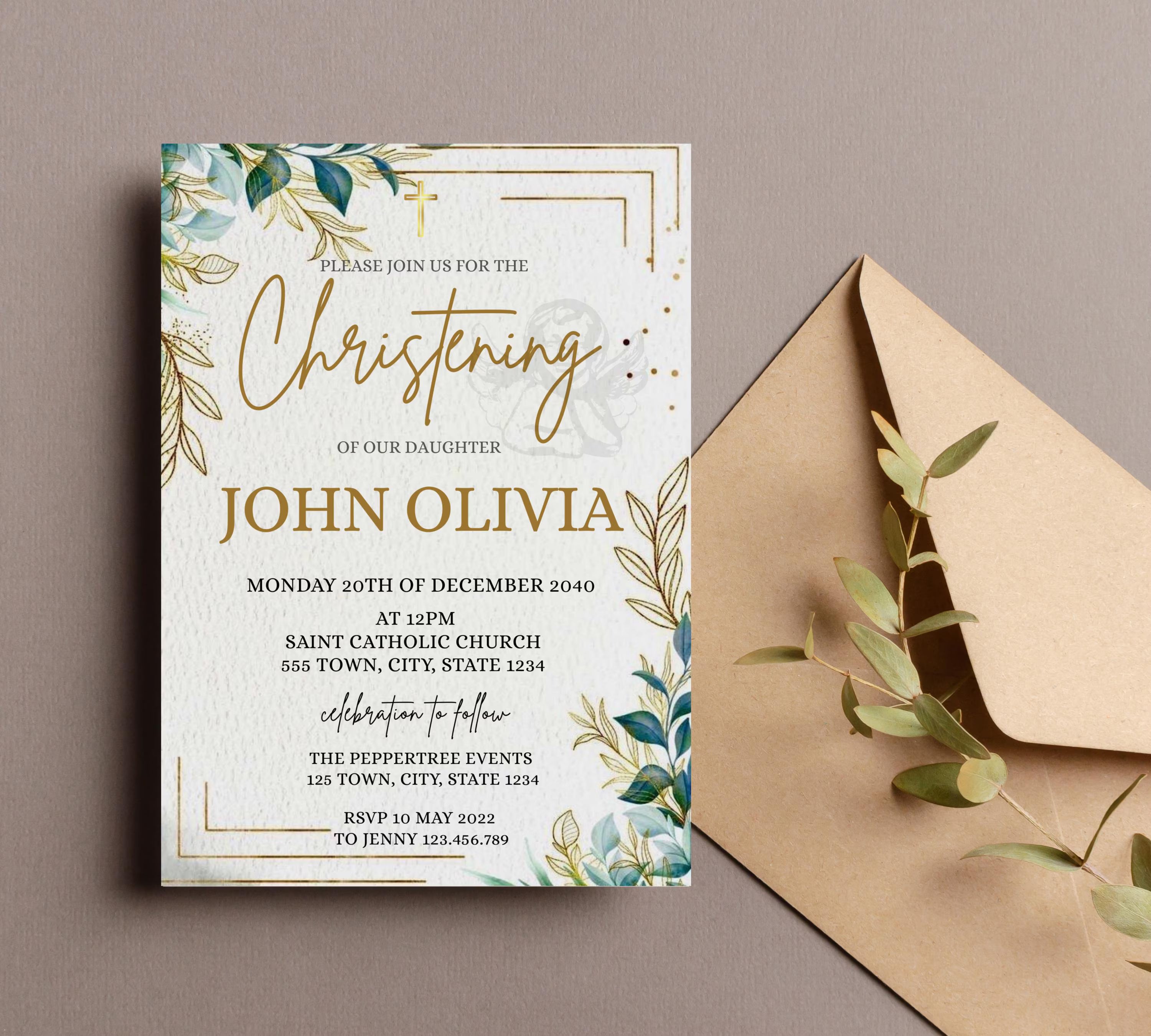 Modern Christening Invitation, Minimalist Greenery Baptism Invitation Template, Christening Invite, Religious Cross, Greenery Baptism Invite