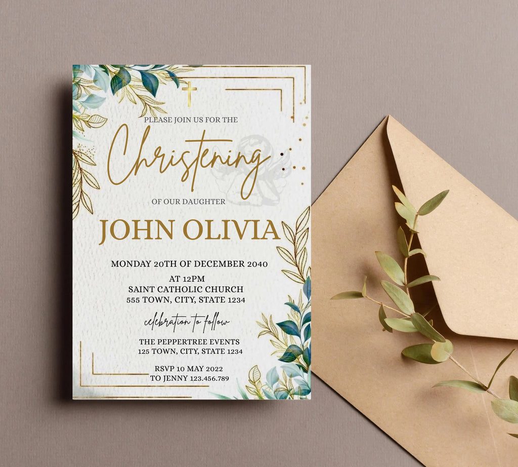 Modern Christening Invitation, Minimalist Greenery Baptism Invitation Template, Christening Invite, Religious Cross, Greenery Baptism Invite