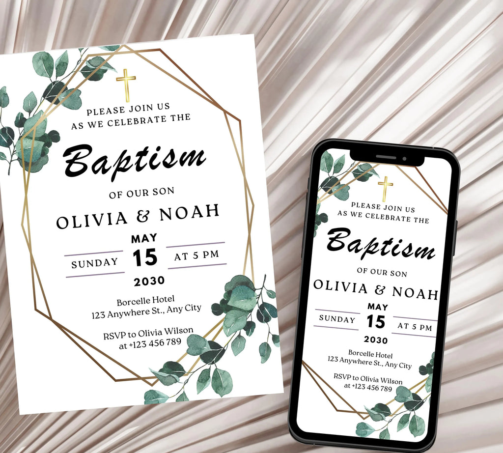 Editable Minimalist Greenery Baptism Invitation Template, Christening Invite, Religious Cross, Printable Baptism, Greenery Baptism Invite