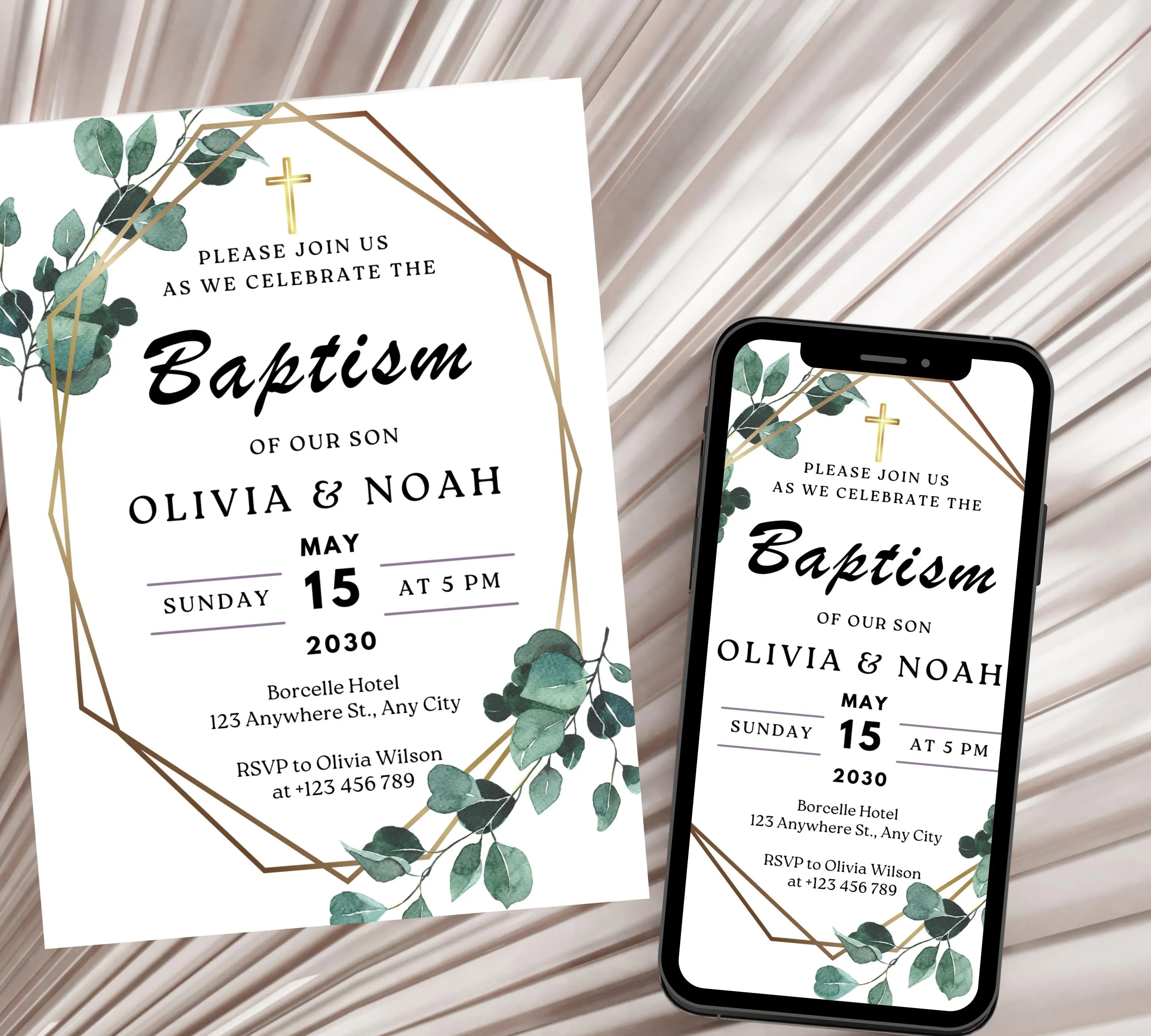 Editable Minimalist Greenery Baptism Invitation Template, Christening Invite, Religious Cross, Printable Baptism, Greenery Baptism Invite