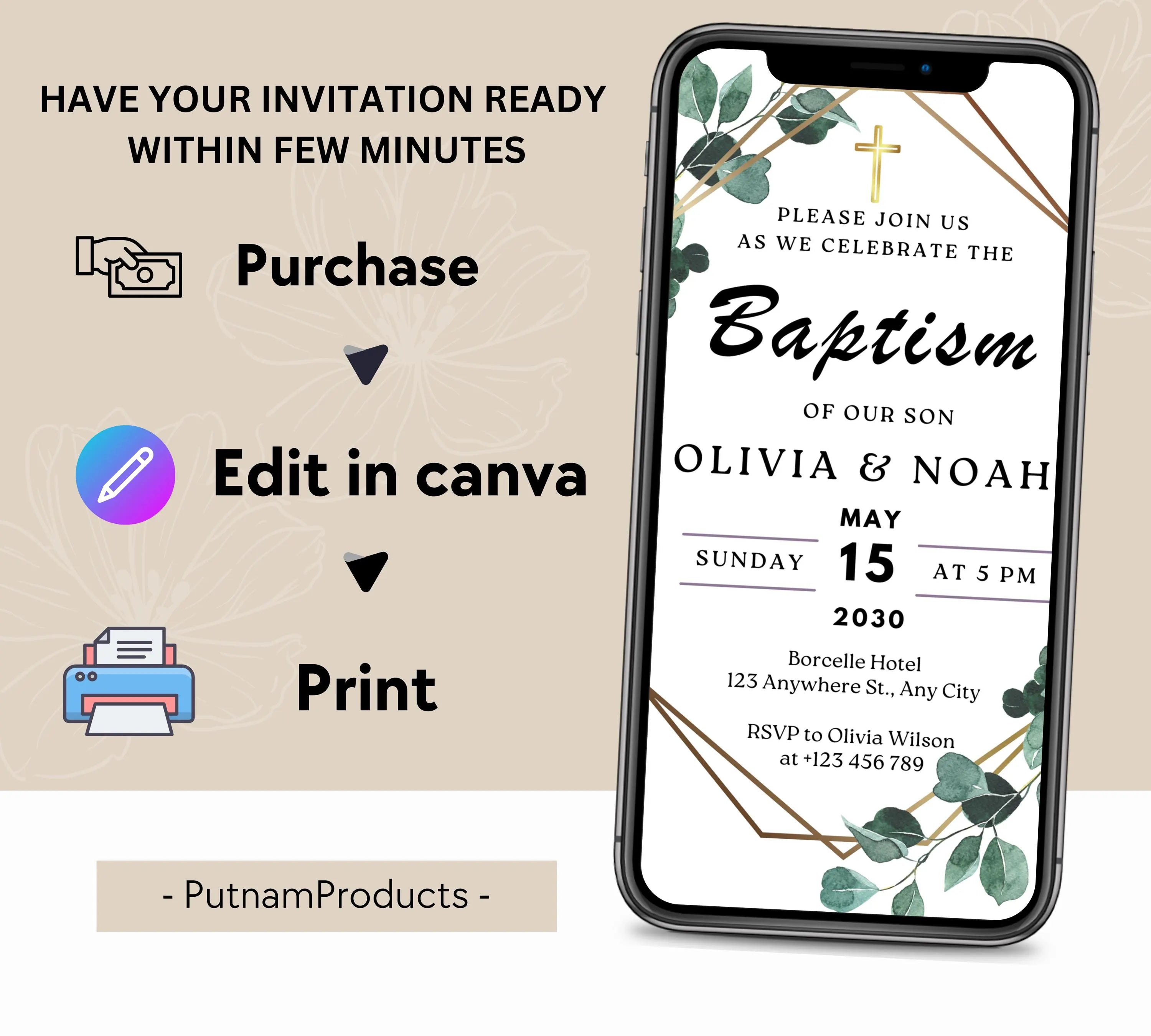 Editable Minimalist Greenery Baptism Invitation Template, Christening Invite, Religious Cross, Printable Baptism, Greenery Baptism Invite