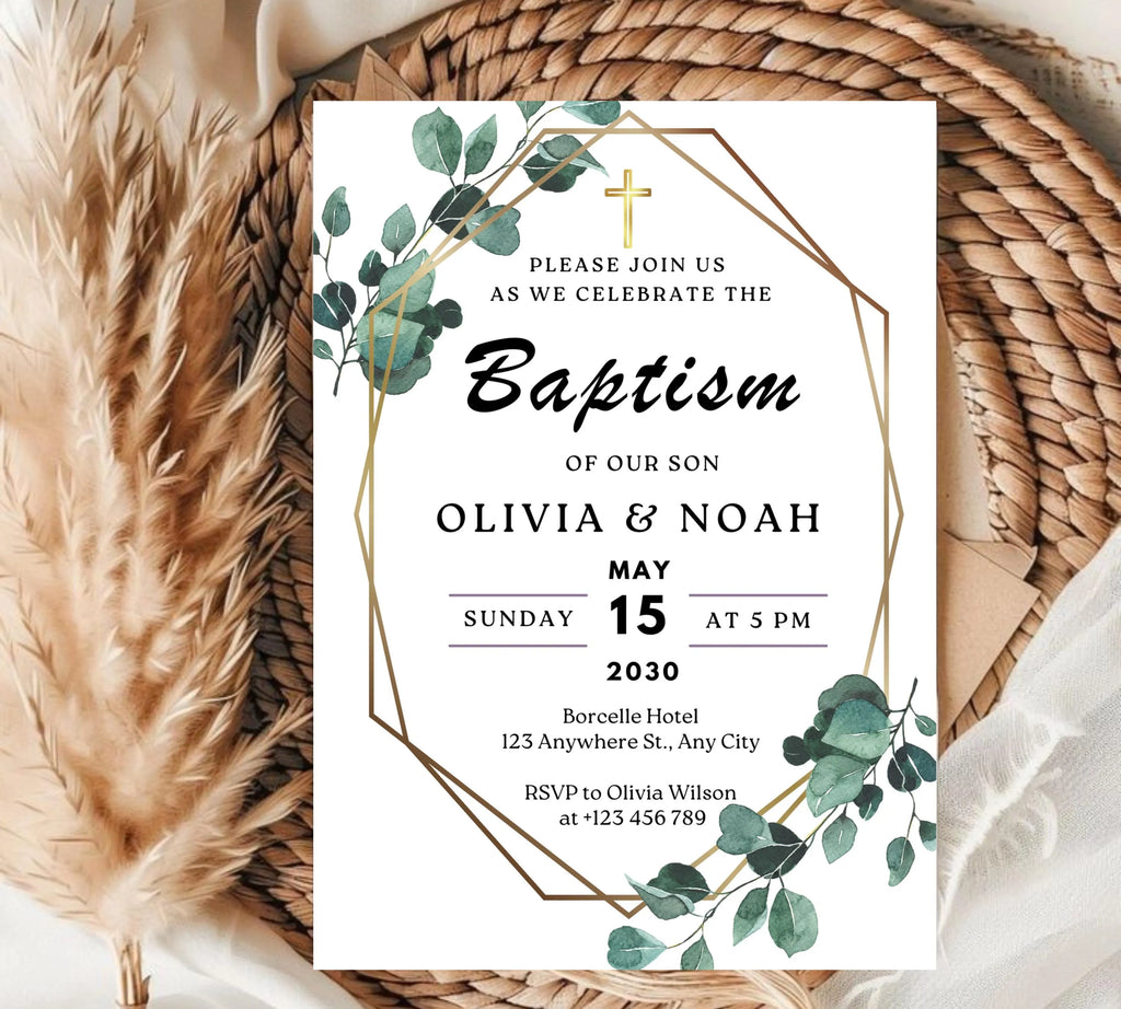 Editable Minimalist Greenery Baptism Invitation Template, Christening Invite, Religious Cross, Printable Baptism, Greenery Baptism Invite