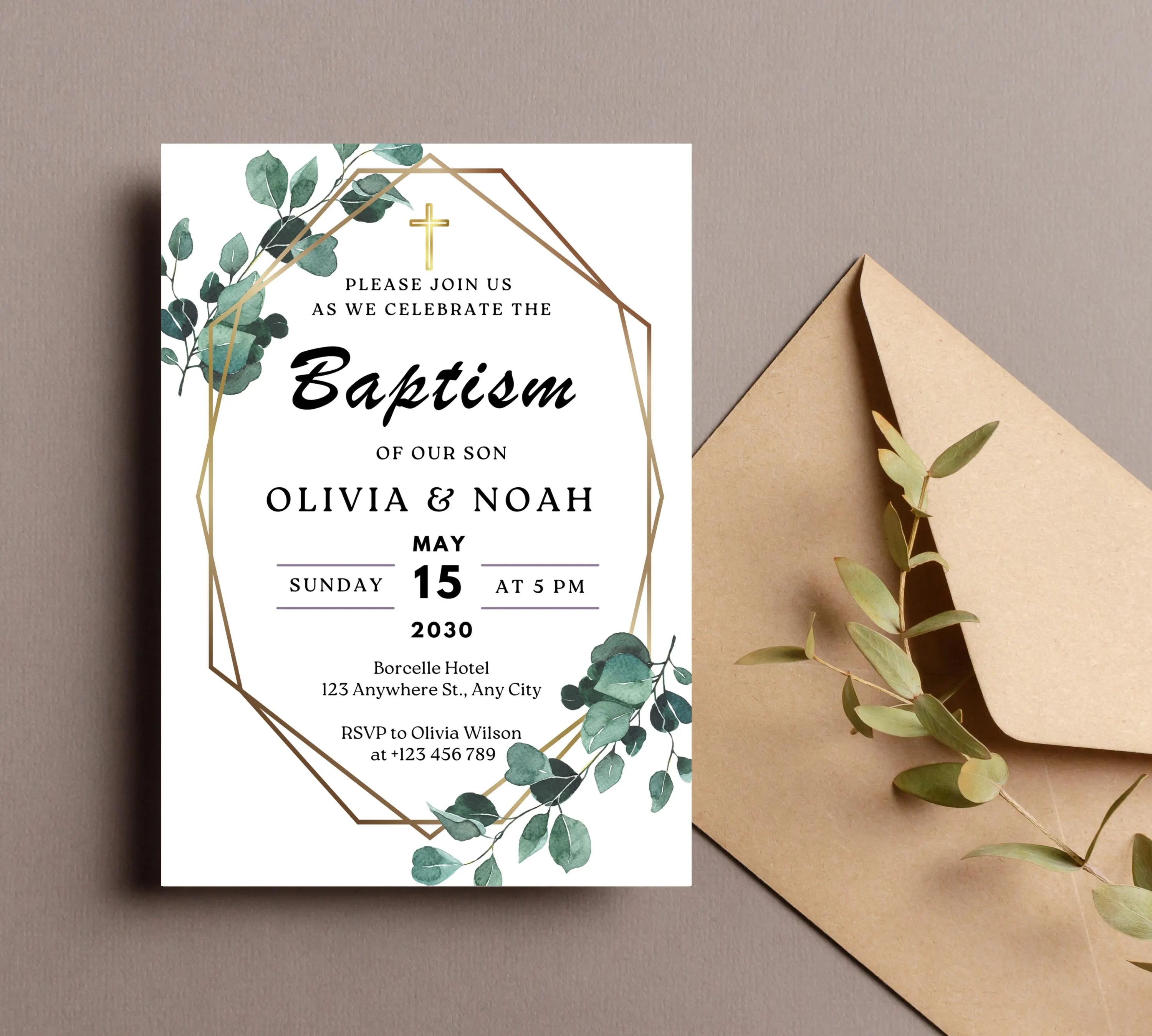 Editable Minimalist Greenery Baptism Invitation Template, Christening Invite, Religious Cross, Printable Baptism, Greenery Baptism Invite