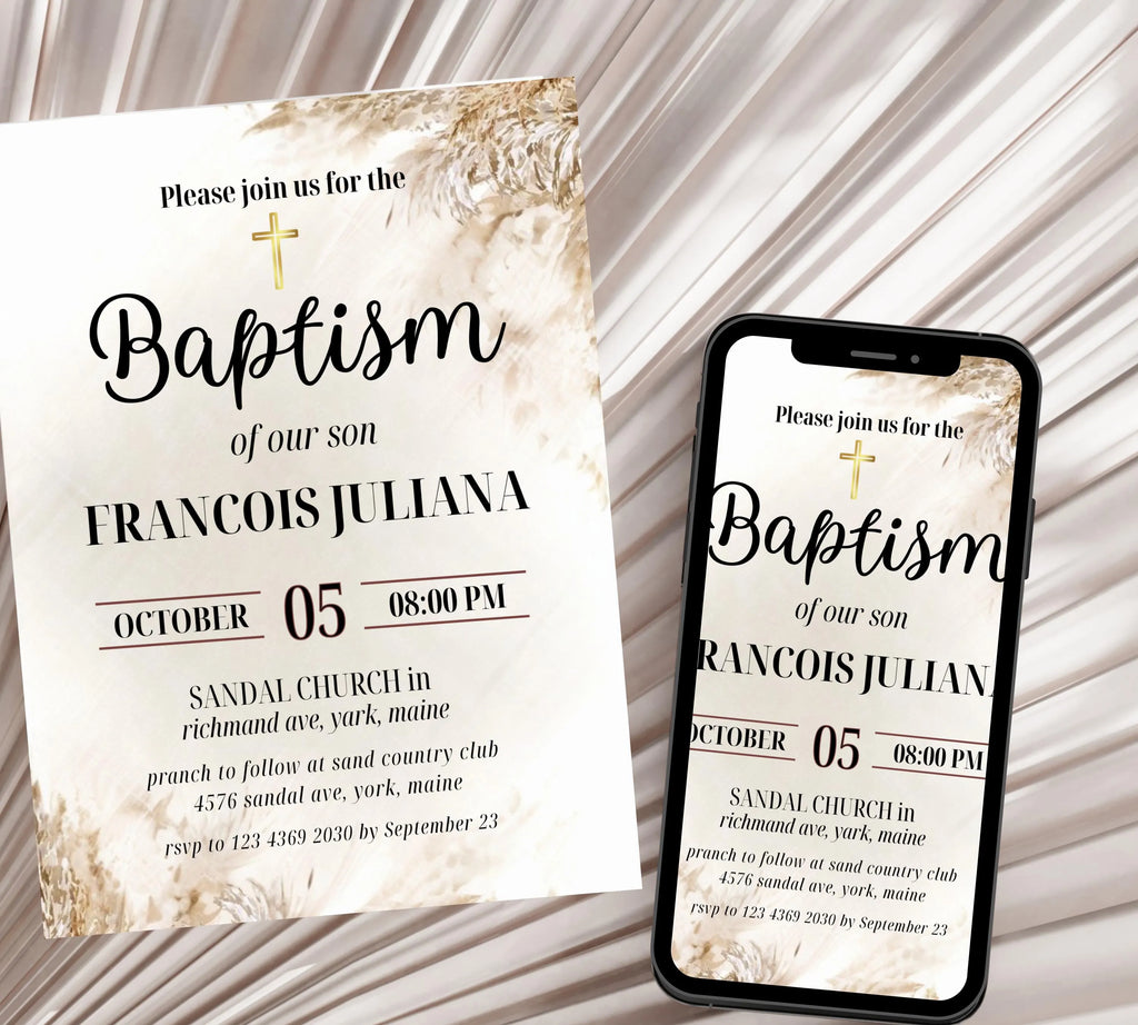 Editable Boho Blush Baptism  Invitation, Christening Invite, Religious Cross, Boho Blush Christening Invite, Pink Girls Baptism Invitation