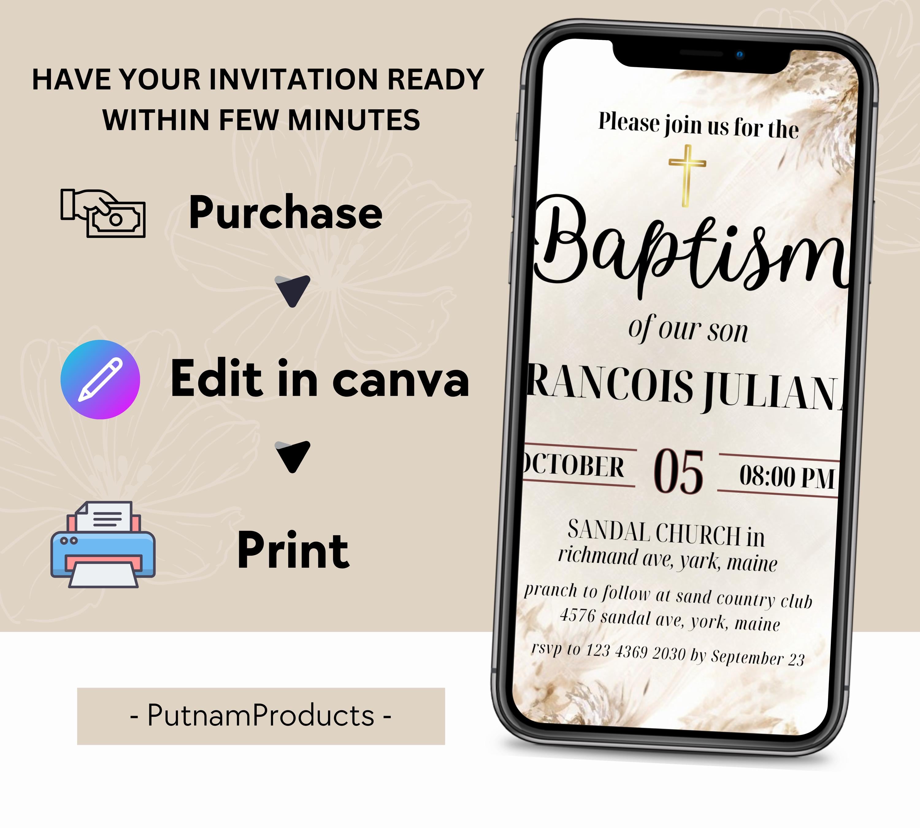 Editable Boho Blush Baptism  Invitation, Christening Invite, Religious Cross, Boho Blush Christening Invite, Pink Girls Baptism Invitation