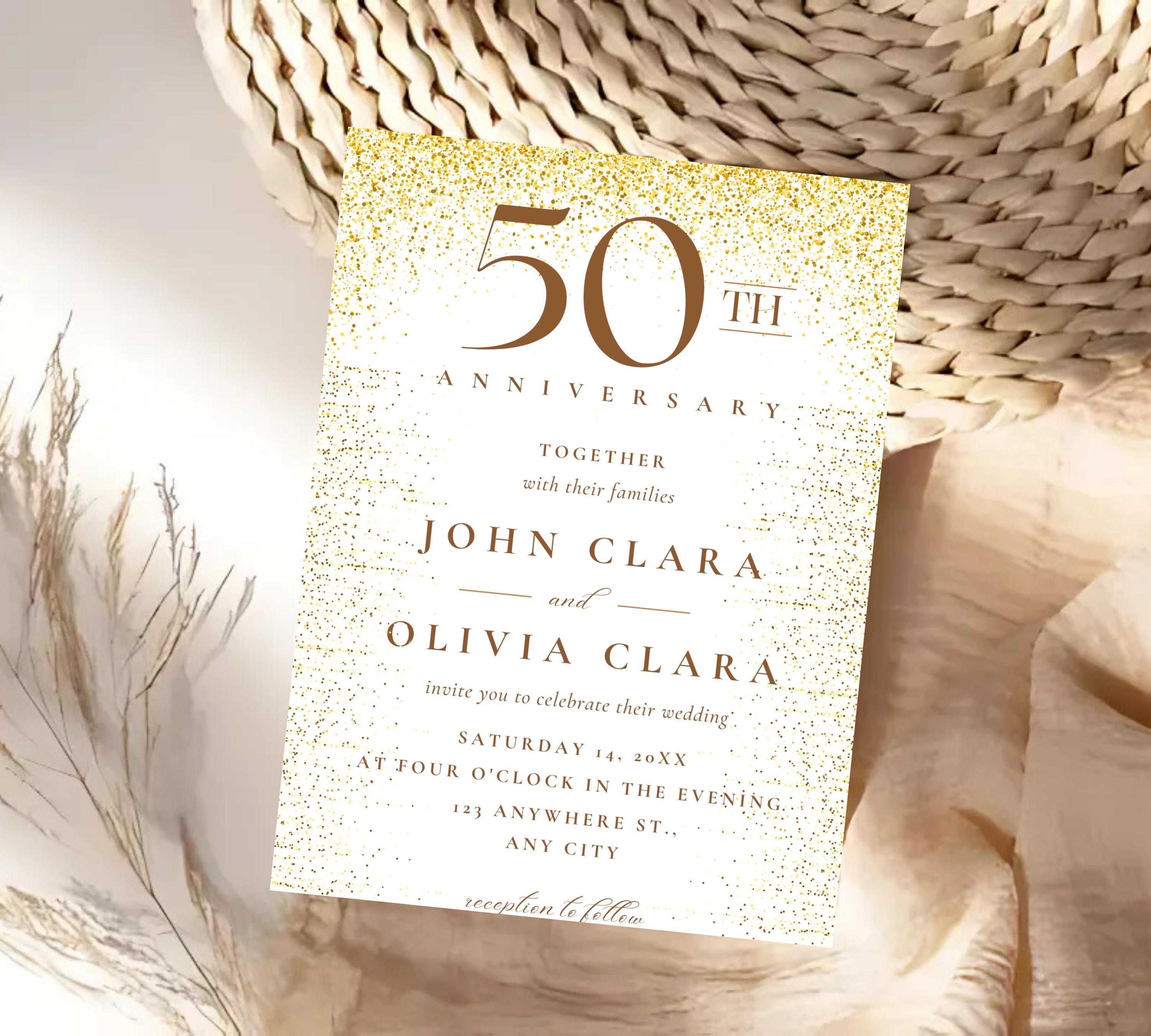 Editable Gold Wedding Anniversary Invitation Templates, 50th Anniversary invitation, Greenery, Gold, Elegant, Foliage, Eucalyptus INVITE