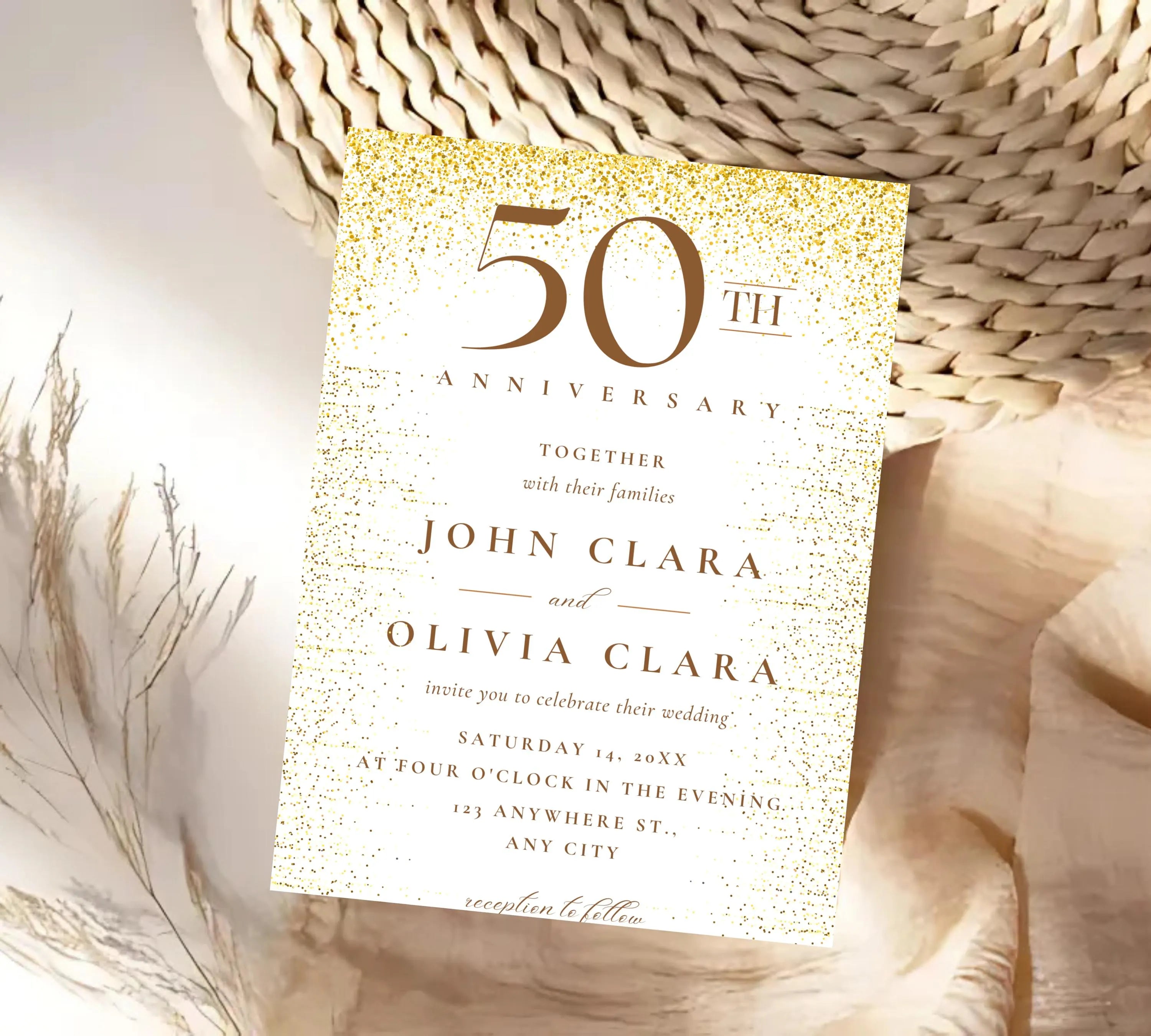 Editable Gold Wedding Anniversary Invitation Templates, 50th Anniversary invitation, Greenery, Gold, Elegant, Foliage, Eucalyptus INVITE