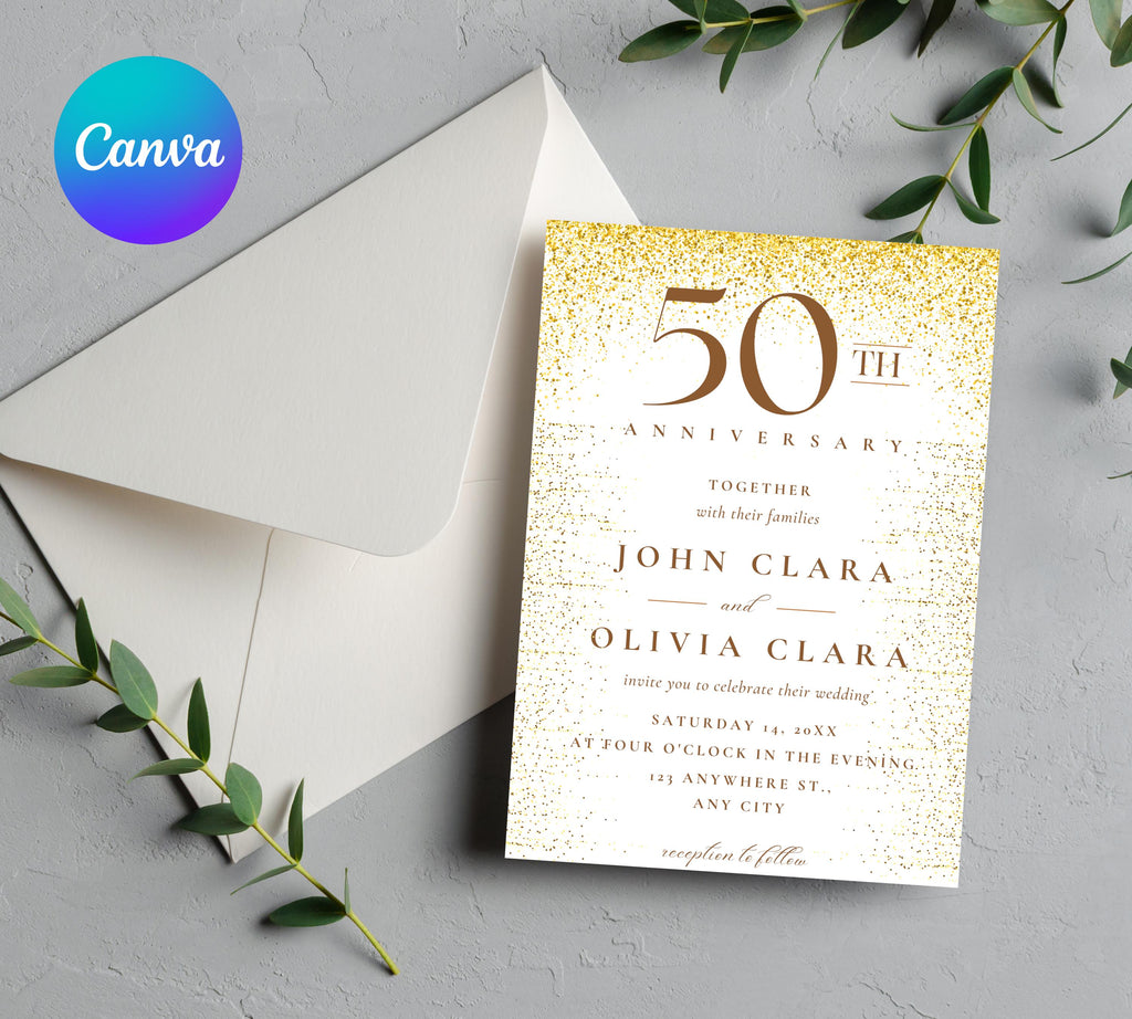 Editable Gold Wedding Anniversary Invitation Templates, 50th Anniversary invitation, Greenery, Gold, Elegant, Foliage, Eucalyptus INVITE