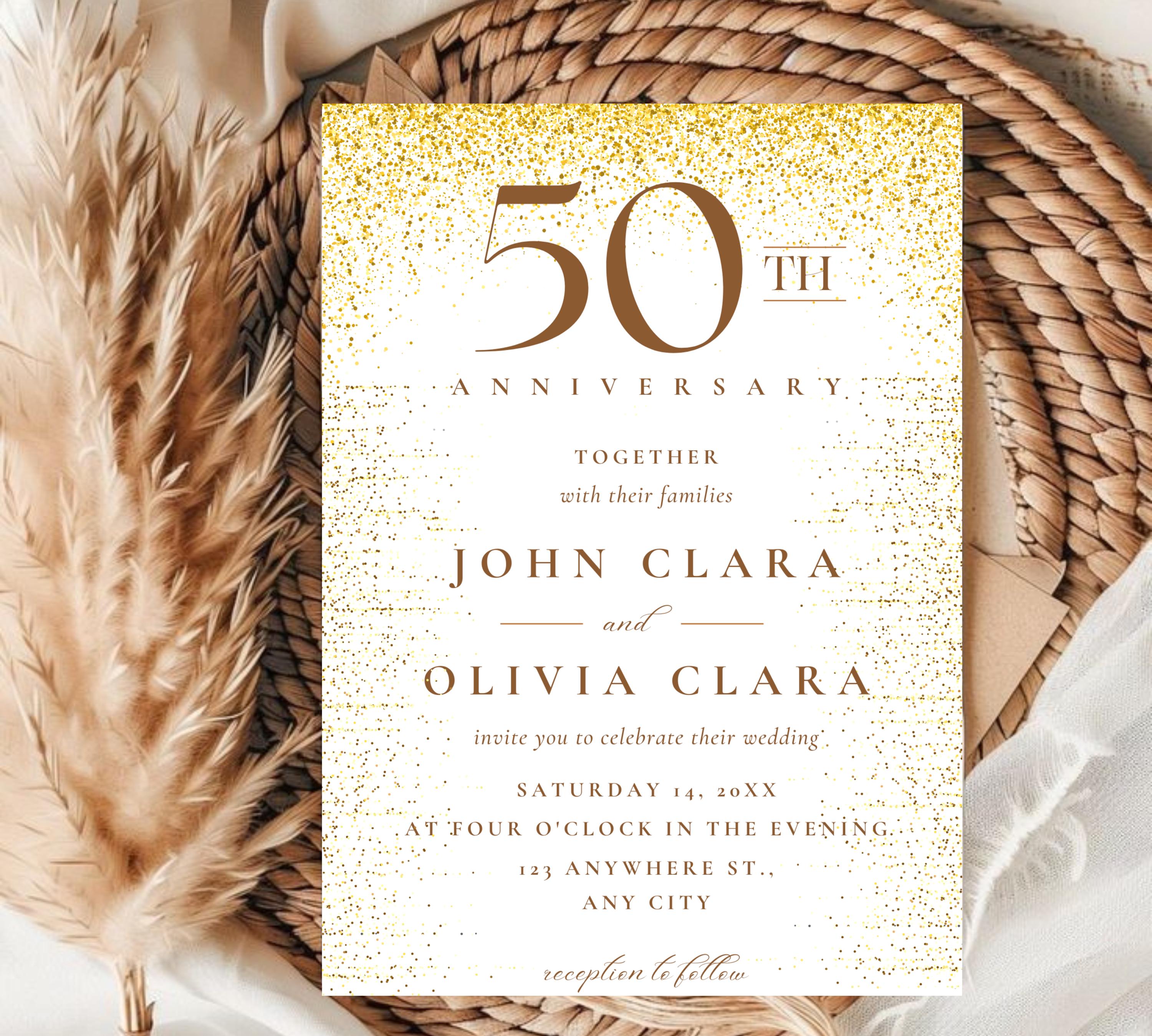 Editable Gold Wedding Anniversary Invitation Templates, 50th Anniversary invitation, Greenery, Gold, Elegant, Foliage, Eucalyptus INVITE