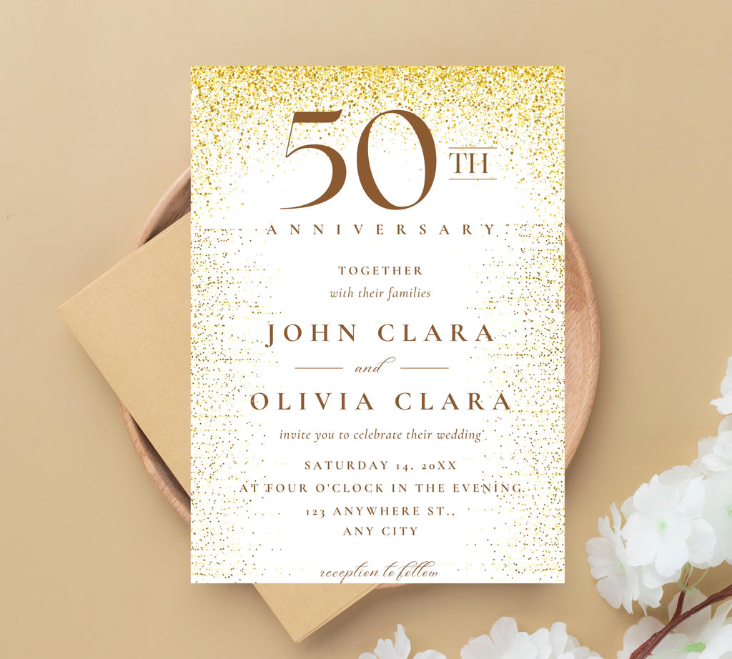 Editable Gold Wedding Anniversary Invitation Templates, 50th Anniversary invitation, Greenery, Gold, Elegant, Foliage, Eucalyptus INVITE