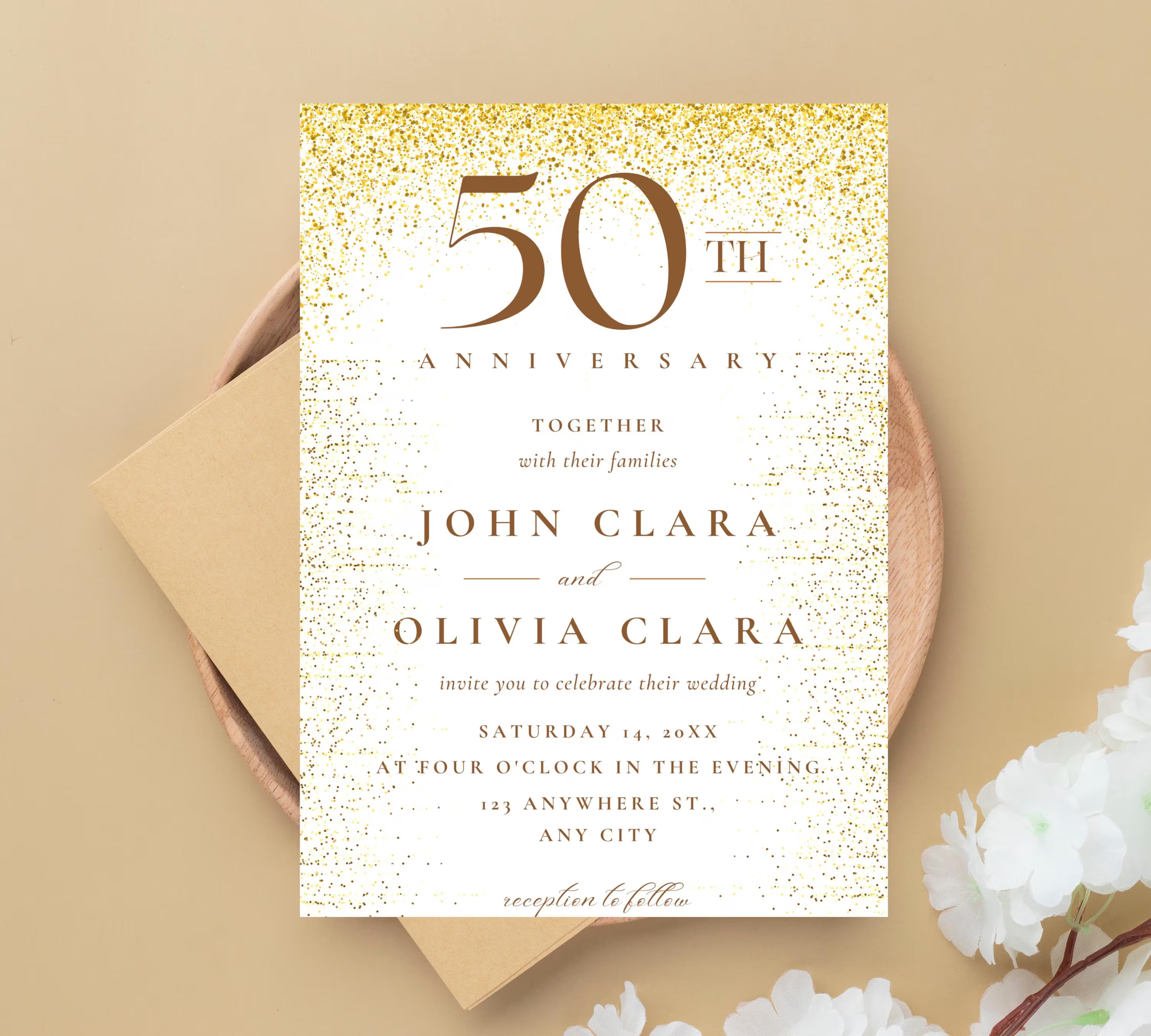 Editable Gold Wedding Anniversary Invitation Templates, 50th Anniversary invitation, Greenery, Gold, Elegant, Foliage, Eucalyptus INVITE