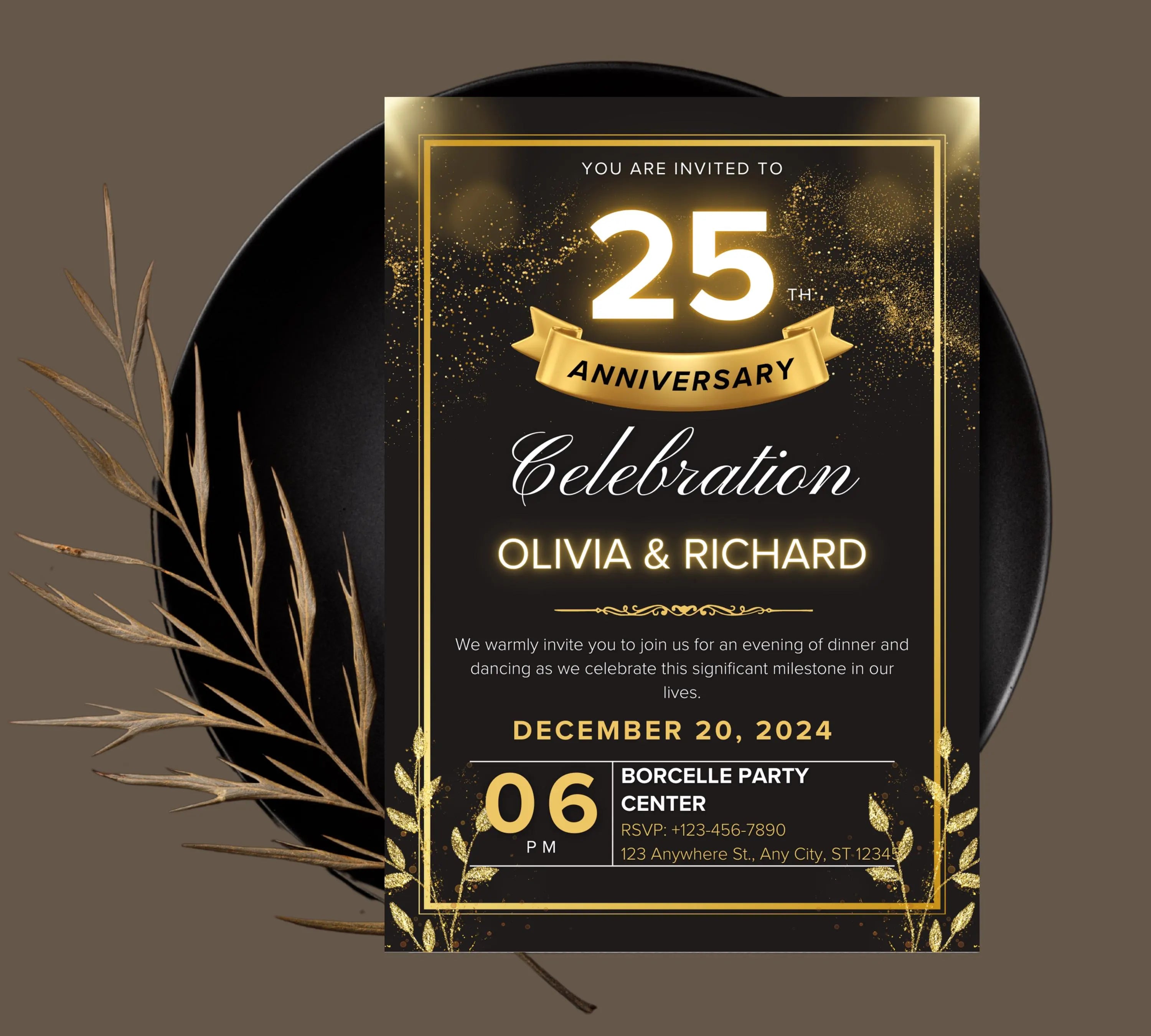 Editable Gold Floral 50th Wedding Anniversary Invitation, 50th Wedding Anniversary Invitation, Golden Anniversary Invitation Template