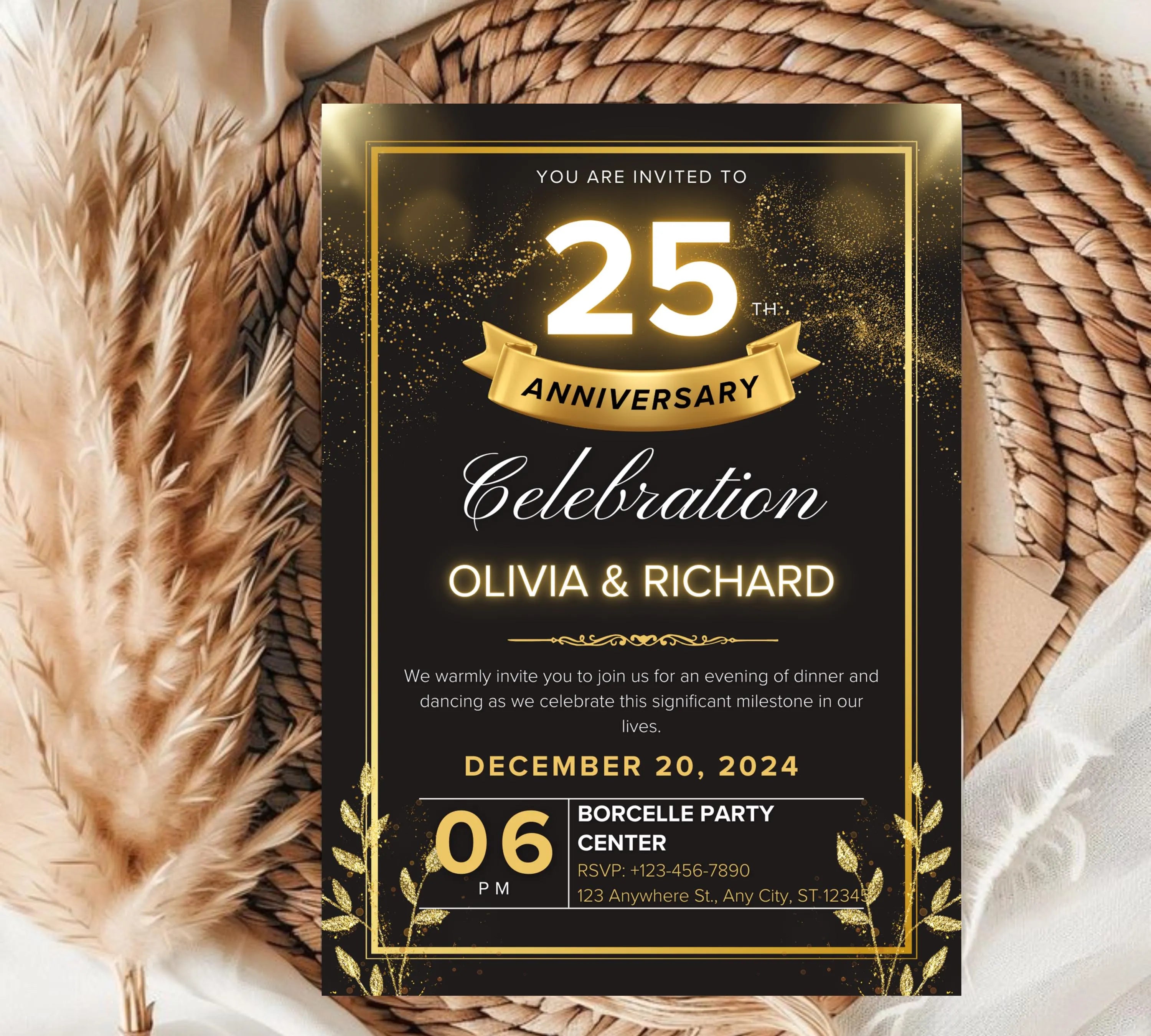 Editable Gold Floral 50th Wedding Anniversary Invitation, 50th Wedding Anniversary Invitation, Golden Anniversary Invitation Template