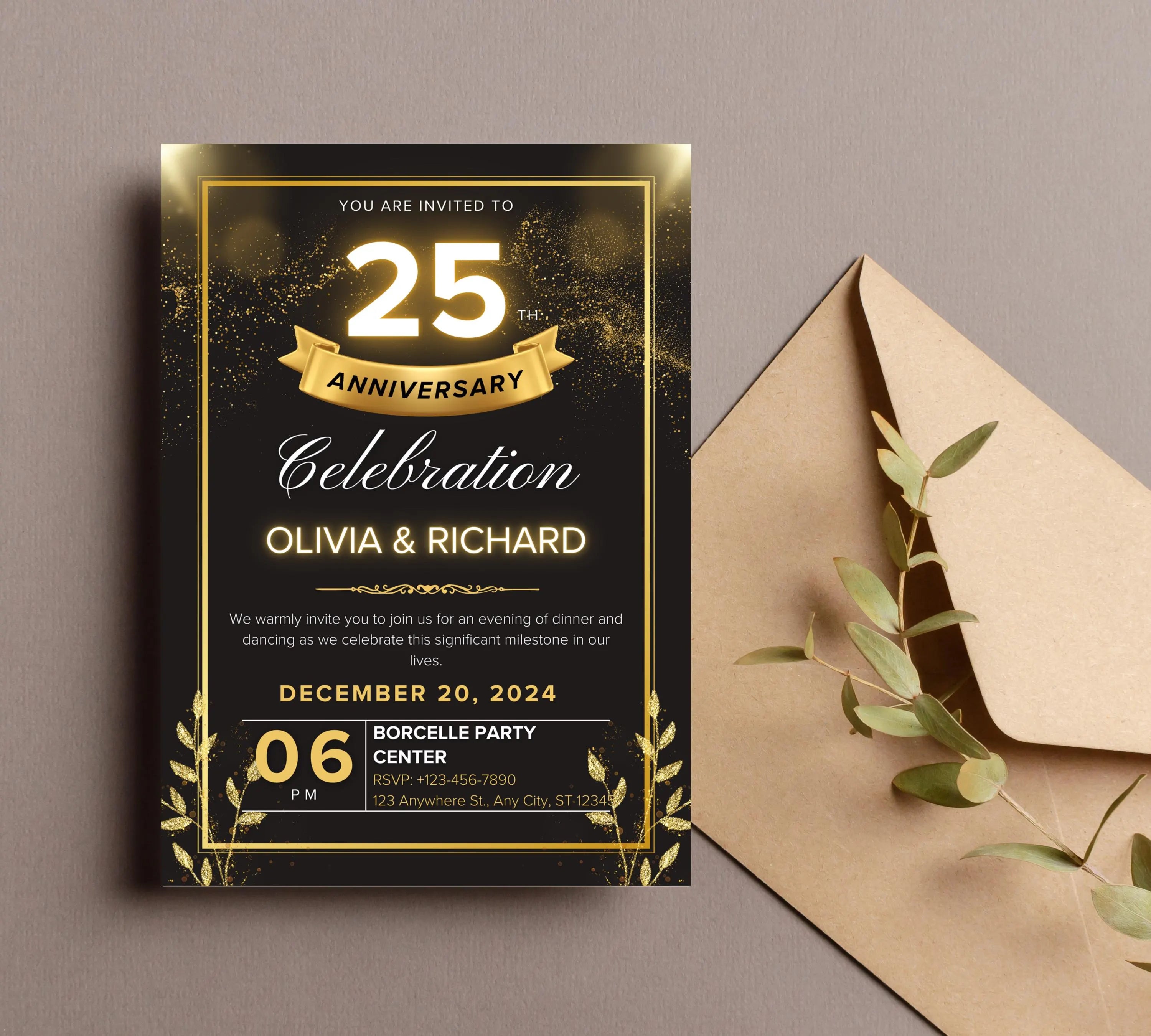 Editable Gold Floral 50th Wedding Anniversary Invitation, 50th Wedding Anniversary Invitation, Golden Anniversary Invitation Template