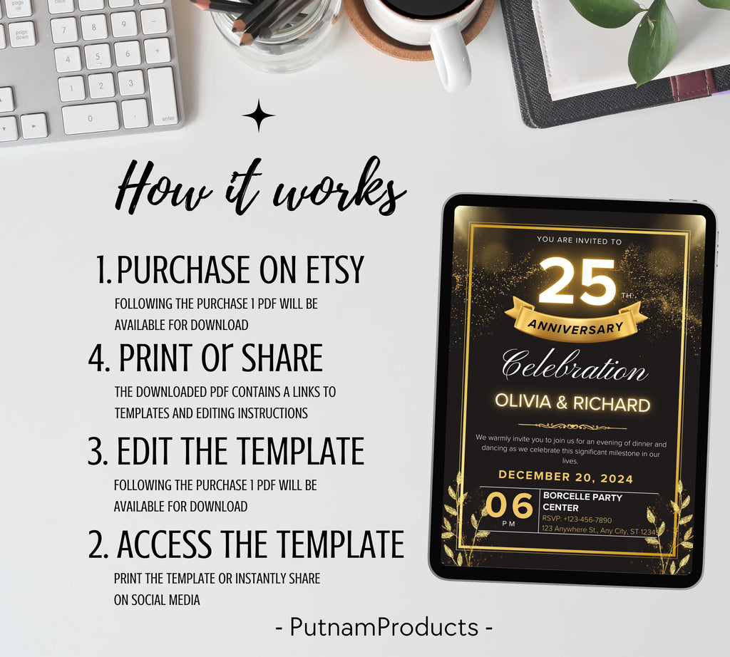 Editable Gold Floral 50th Wedding Anniversary Invitation, 50th Wedding Anniversary Invitation, Golden Anniversary Invitation Template