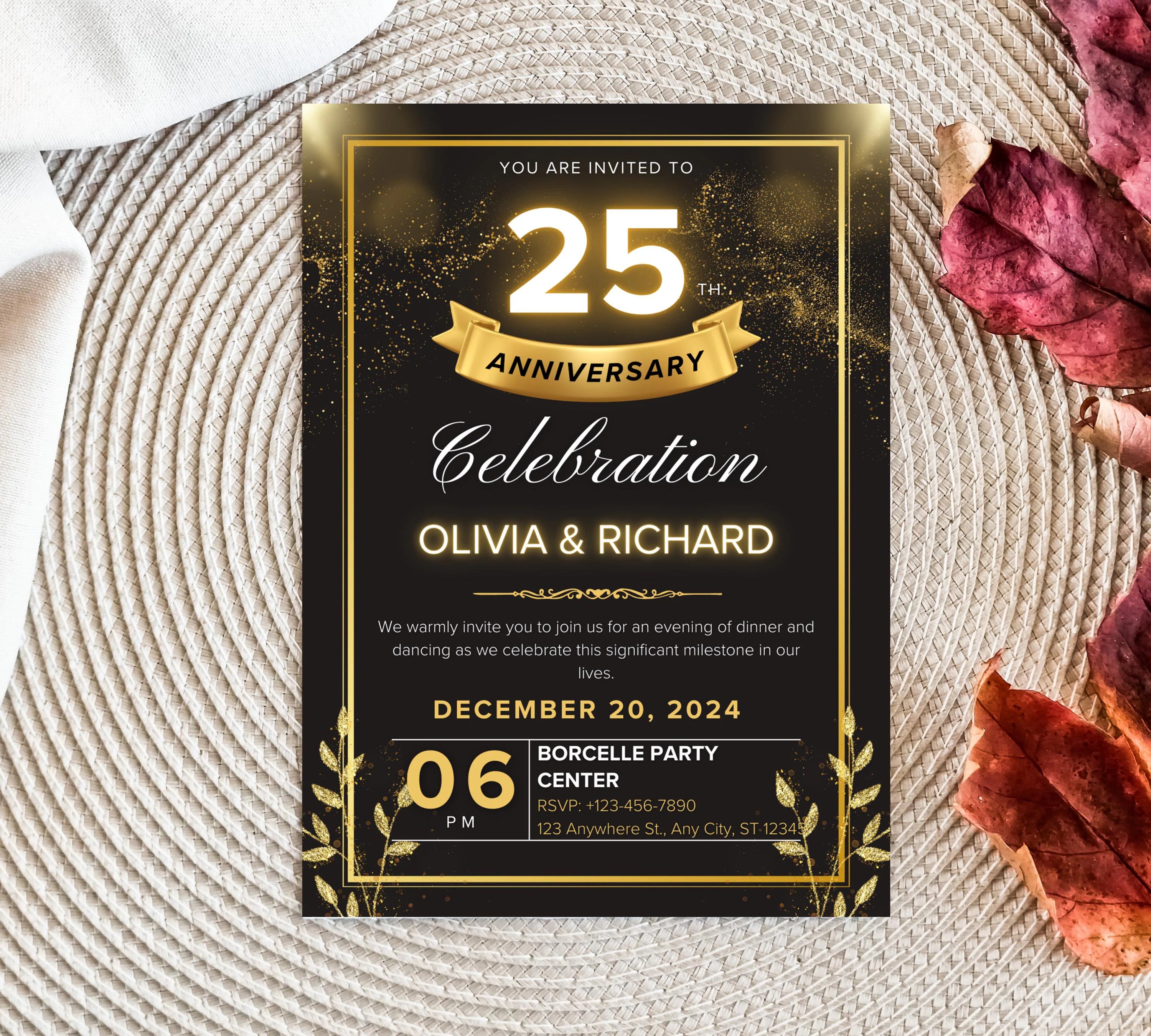 Editable Gold Floral 50th Wedding Anniversary Invitation, 50th Wedding Anniversary Invitation, Golden Anniversary Invitation Template