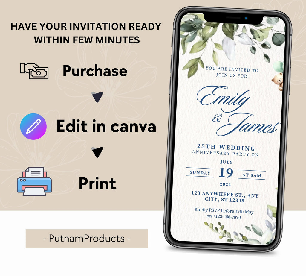 Editable Greenery Wedding Anniversary Invitational, Wedding Anniversary Invite, Greenery, Elegant, Eucalyptus, Wedding Anniversary Invite