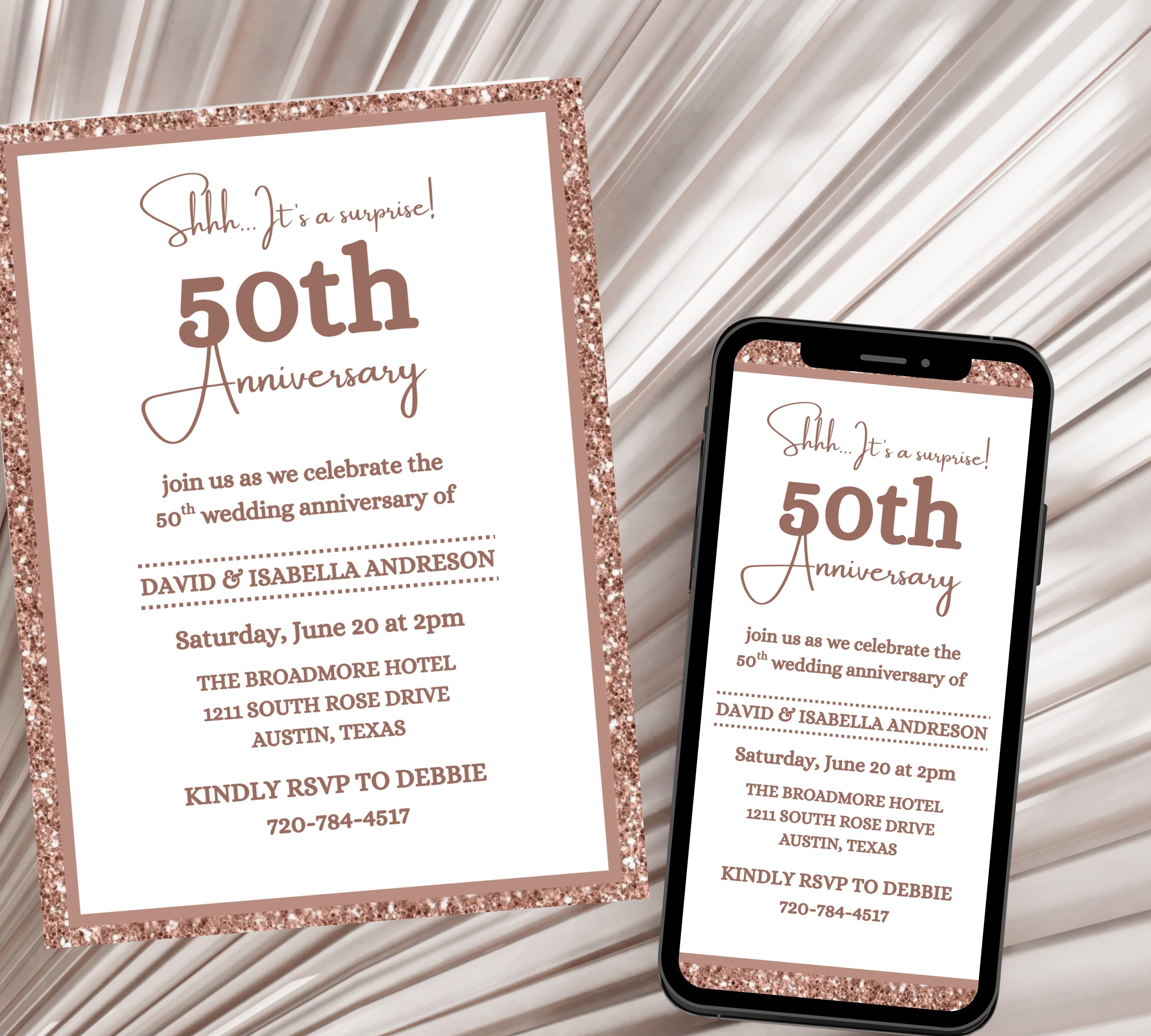 Editable Surprise 50th Anniversary invitation, 50th Wedding Anniversary Invitation, Golden Anniversary Invite Template, Anniversary Invite