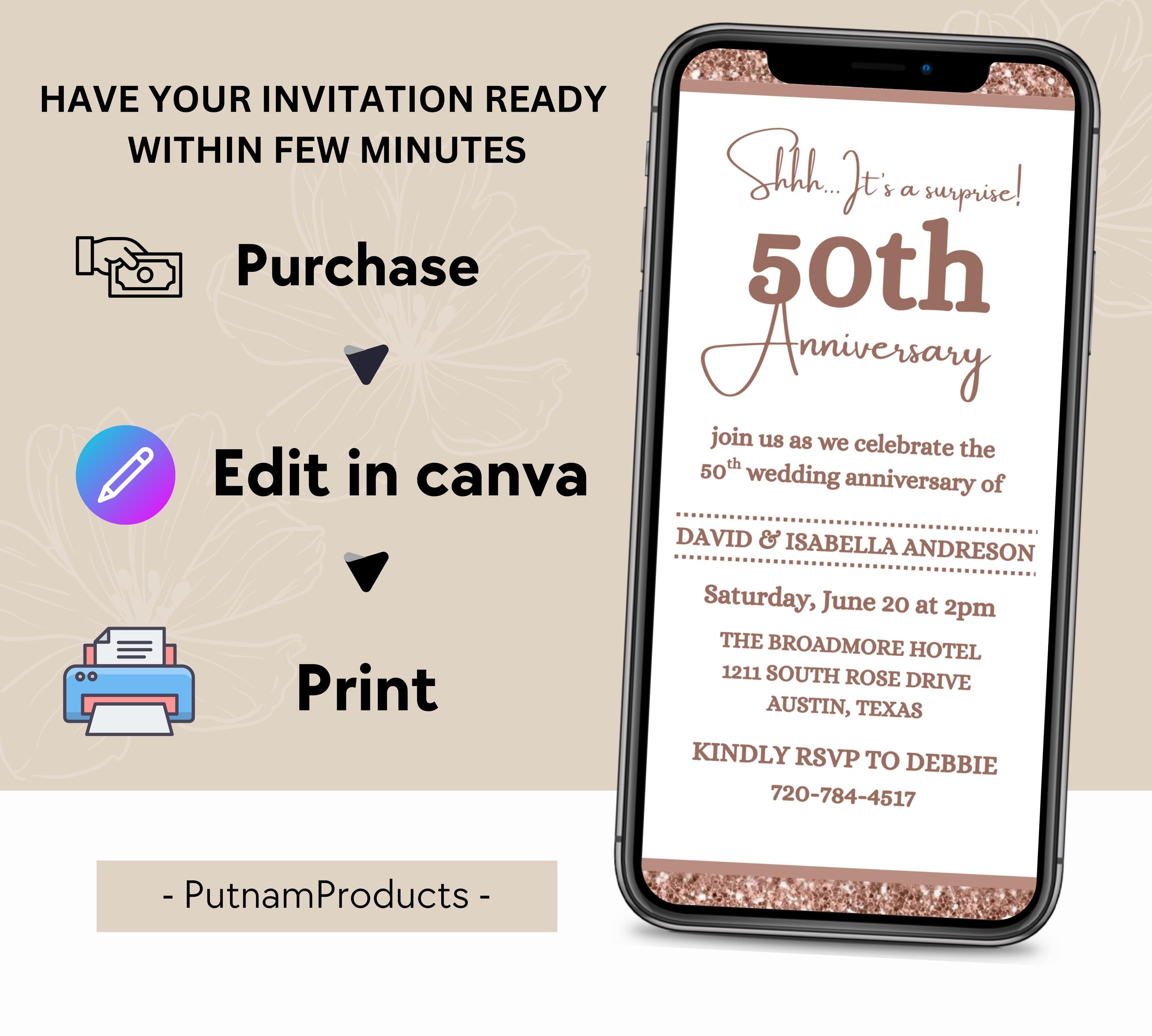 Editable Surprise 50th Anniversary invitation, 50th Wedding Anniversary Invitation, Golden Anniversary Invite Template, Anniversary Invite