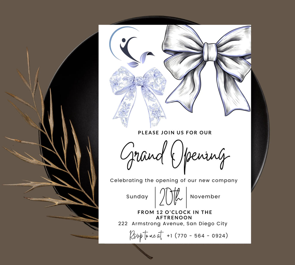 Blue Coquette Bow Business Grand Opening Invitation, Digital Company Event Flyer, Grand Opening Invitation Templates, Ribbon Cutting Invites