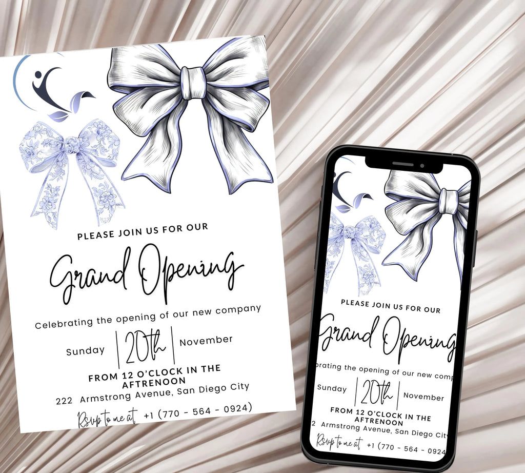Blue Coquette Bow Business Grand Opening Invitation, Digital Company Event Flyer, Grand Opening Invitation Templates, Ribbon Cutting Invites