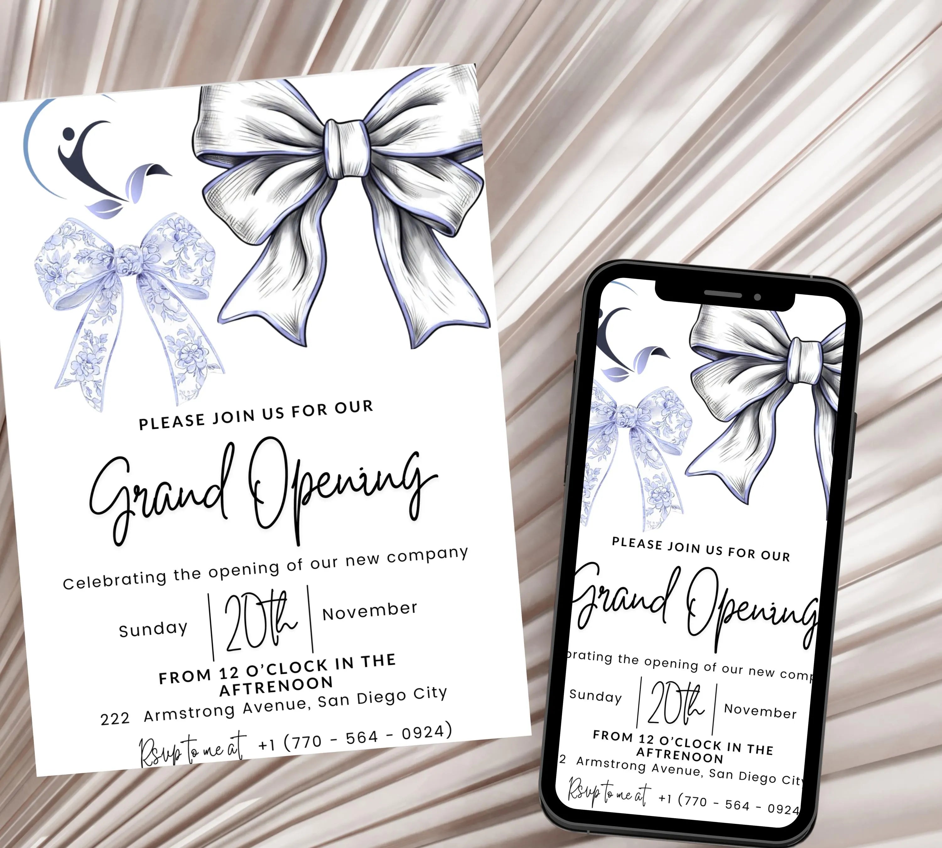 Blue Coquette Bow Business Grand Opening Invitation, Digital Company Event Flyer, Grand Opening Invitation Templates, Ribbon Cutting Invites