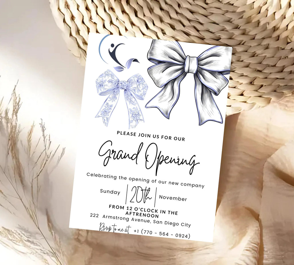 Blue Coquette Bow Business Grand Opening Invitation, Digital Company Event Flyer, Grand Opening Invitation Templates, Ribbon Cutting Invites