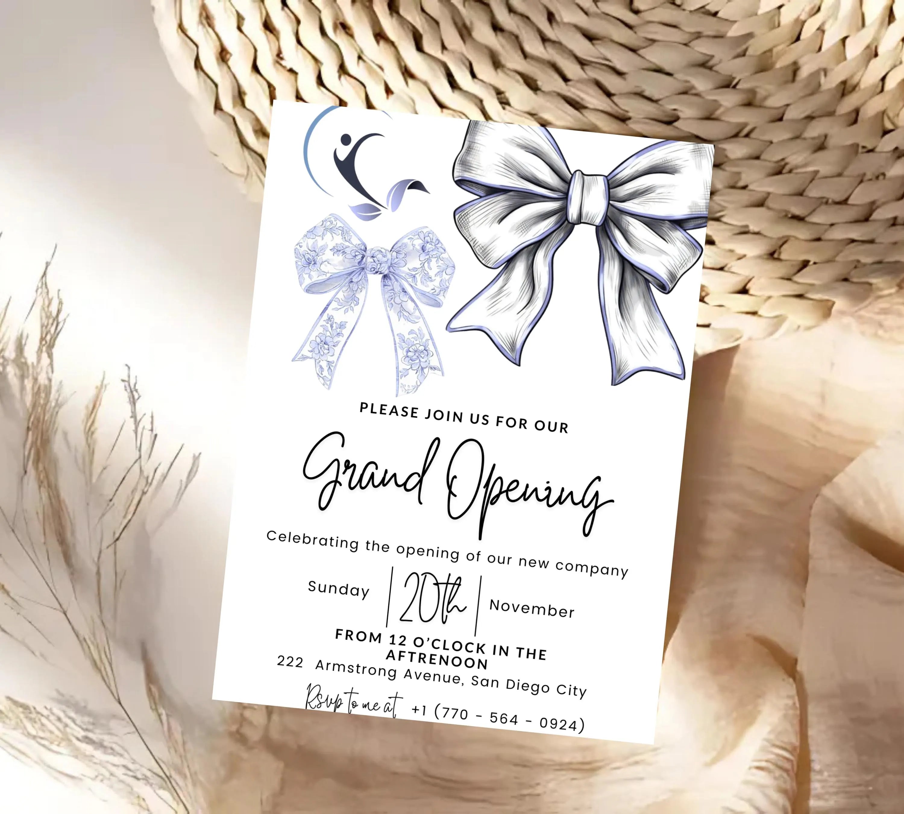Blue Coquette Bow Business Grand Opening Invitation, Digital Company Event Flyer, Grand Opening Invitation Templates, Ribbon Cutting Invites