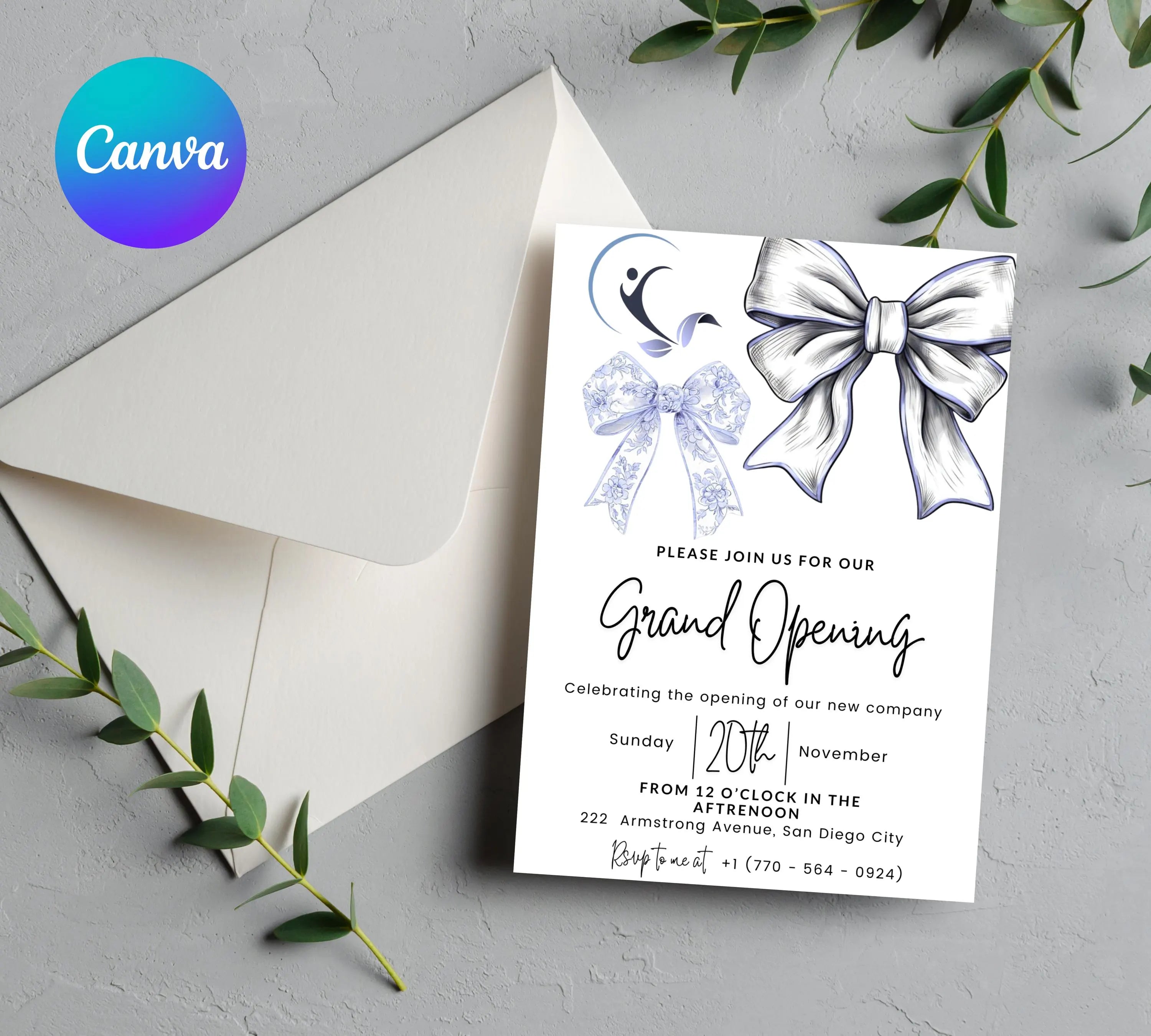 Blue Coquette Bow Business Grand Opening Invitation, Digital Company Event Flyer, Grand Opening Invitation Templates, Ribbon Cutting Invites