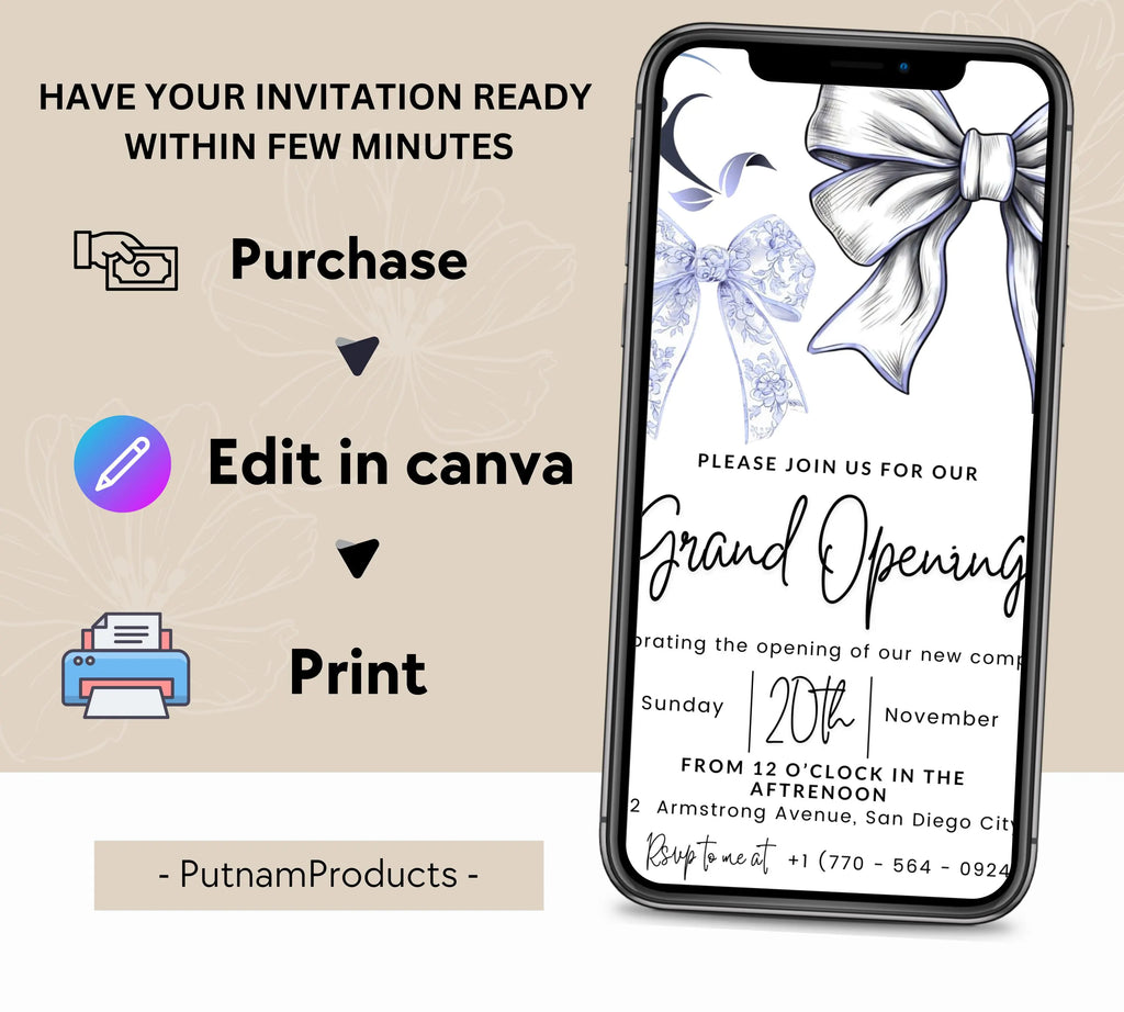Blue Coquette Bow Business Grand Opening Invitation, Digital Company Event Flyer, Grand Opening Invitation Templates, Ribbon Cutting Invites