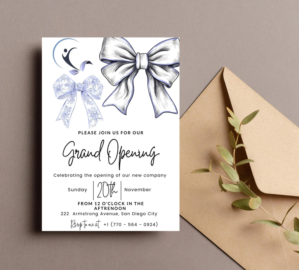 Blue Coquette Bow Business Grand Opening Invitation, Digital Company Event Flyer, Grand Opening Invitation Templates, Ribbon Cutting Invites