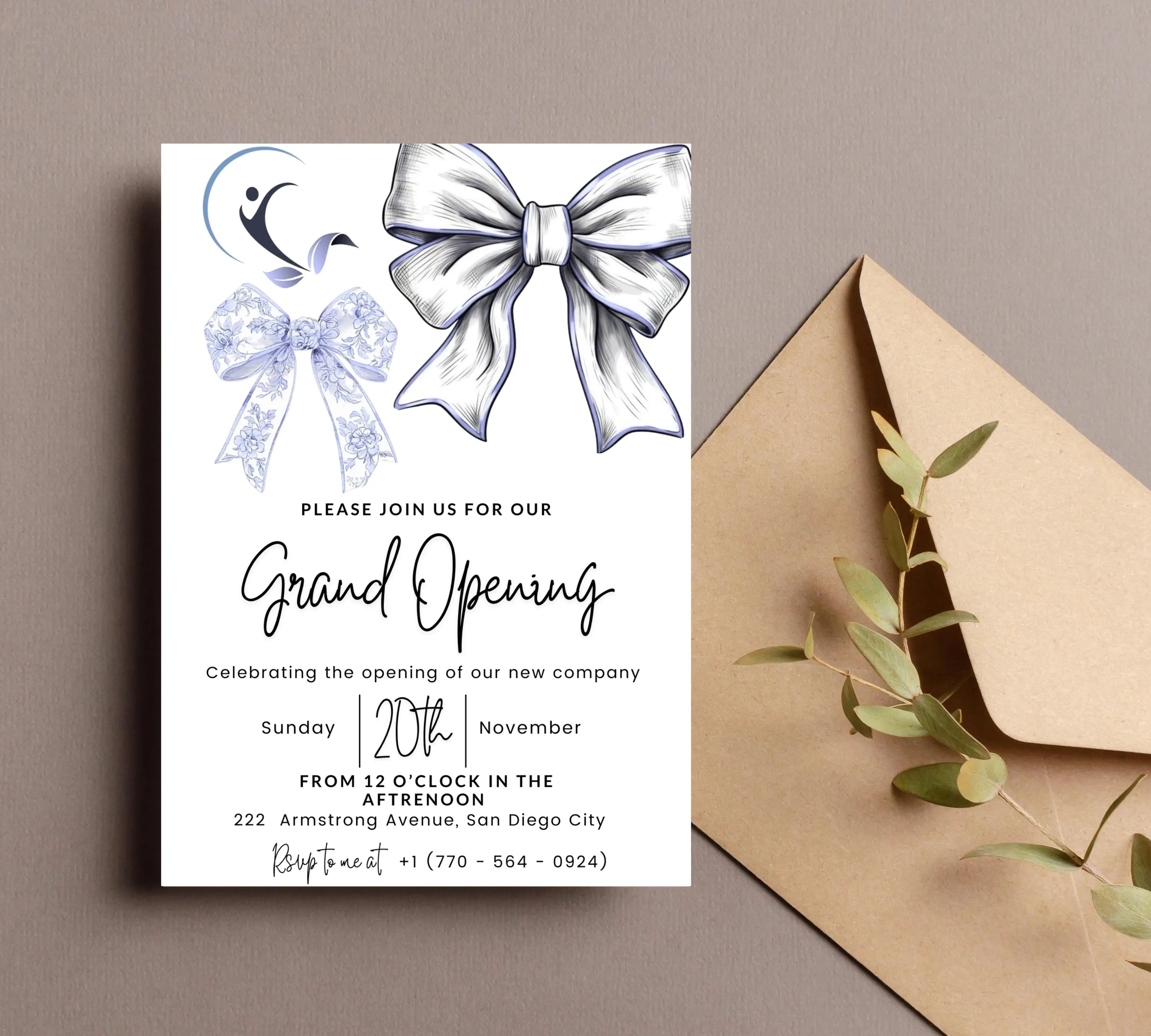 Blue Coquette Bow Business Grand Opening Invitation, Digital Company Event Flyer, Grand Opening Invitation Templates, Ribbon Cutting Invites