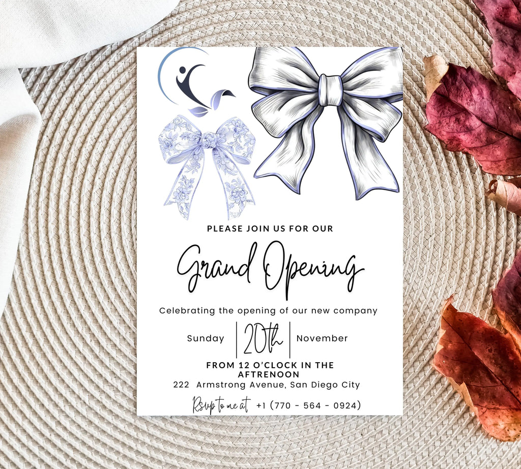 Blue Coquette Bow Business Grand Opening Invitation, Digital Company Event Flyer, Grand Opening Invitation Templates, Ribbon Cutting Invites