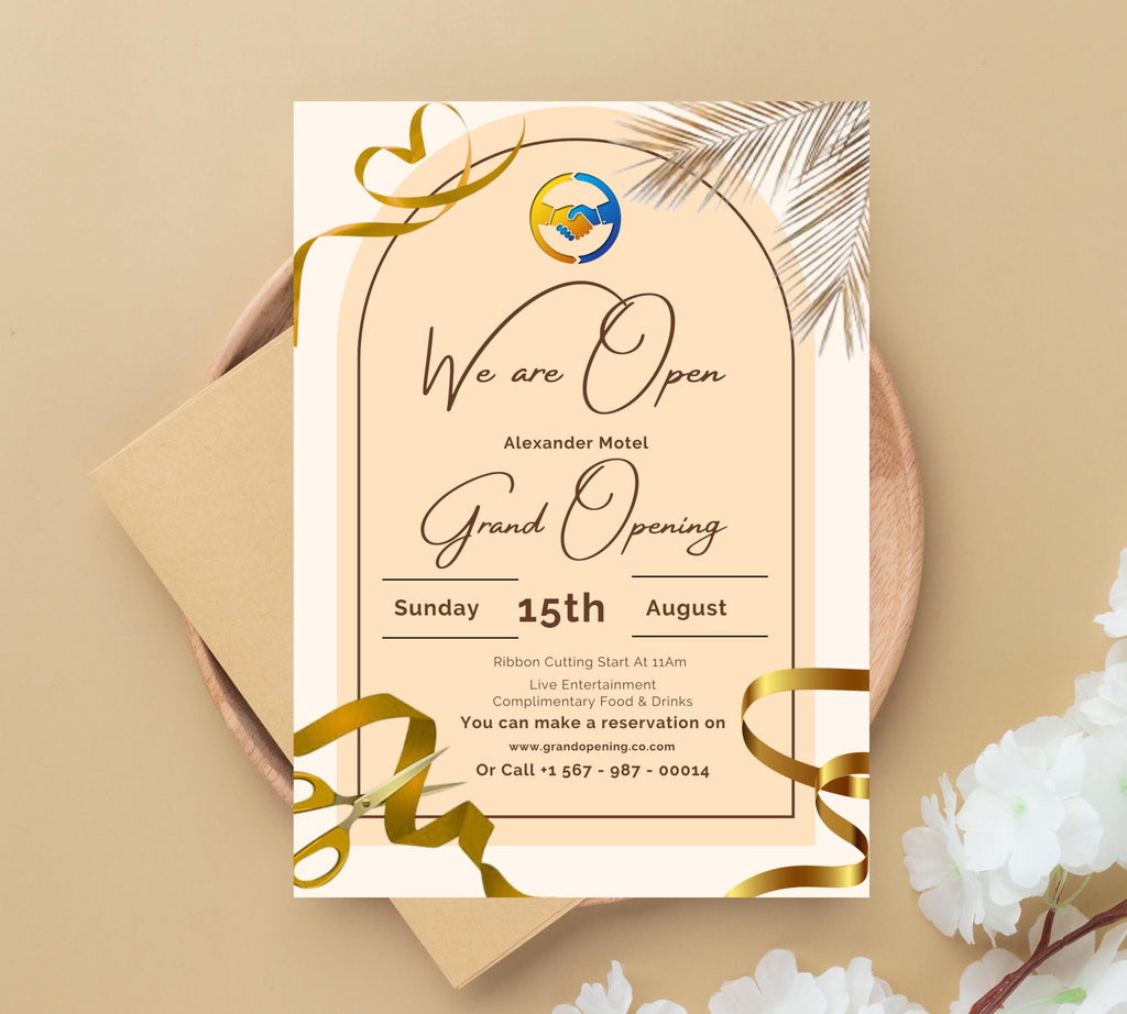 Gold Grand Opening Flyers Template, Grand Opening Invitation, Golden Business Launch Invitation, Digital You're Invited, Event Party Flyers