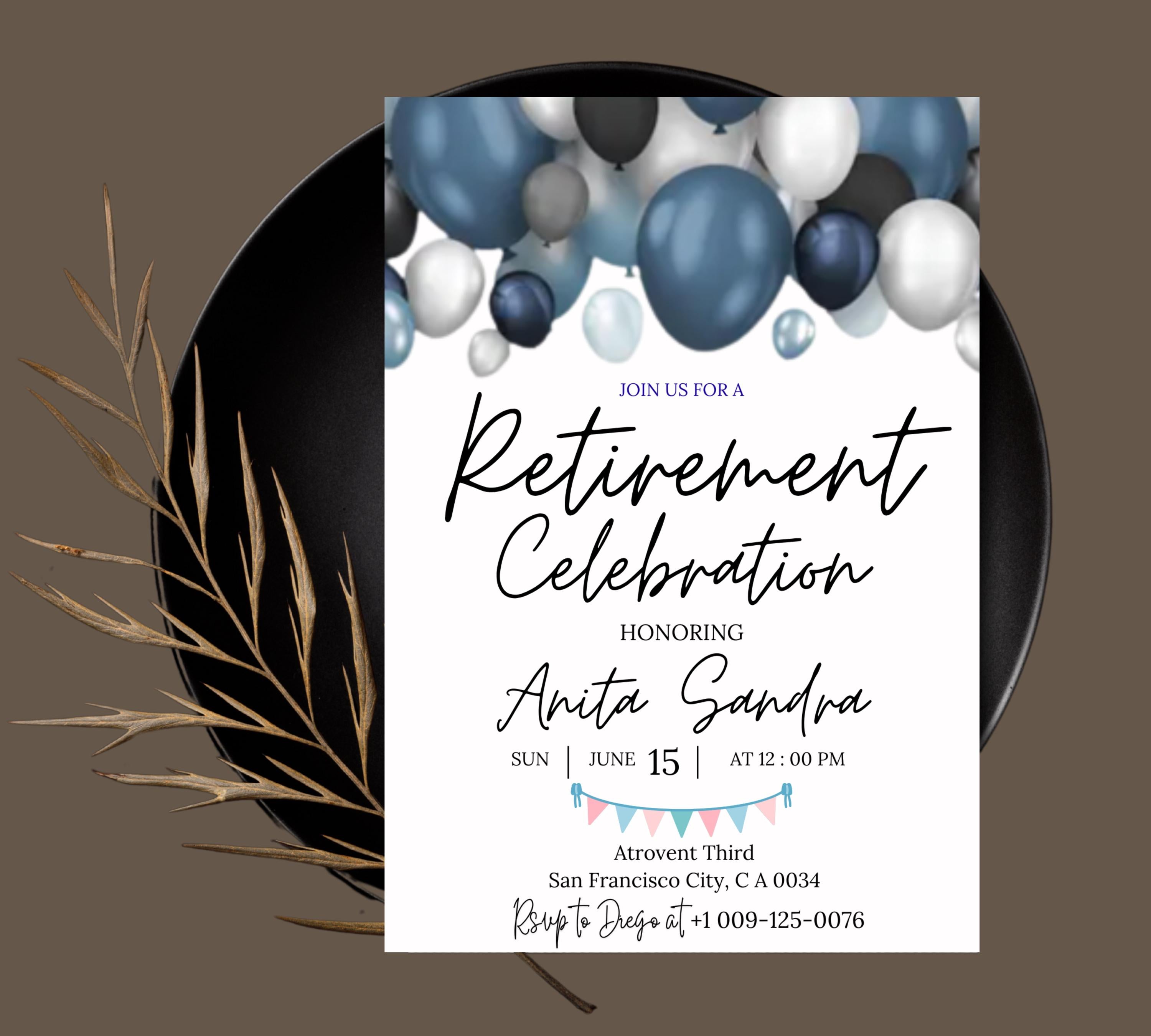 Retirement Party Invitation, Elegant Blue White Black + Silver Balloons, Work Retire Mens Women's, Out of Office Forever, Retirement Invite