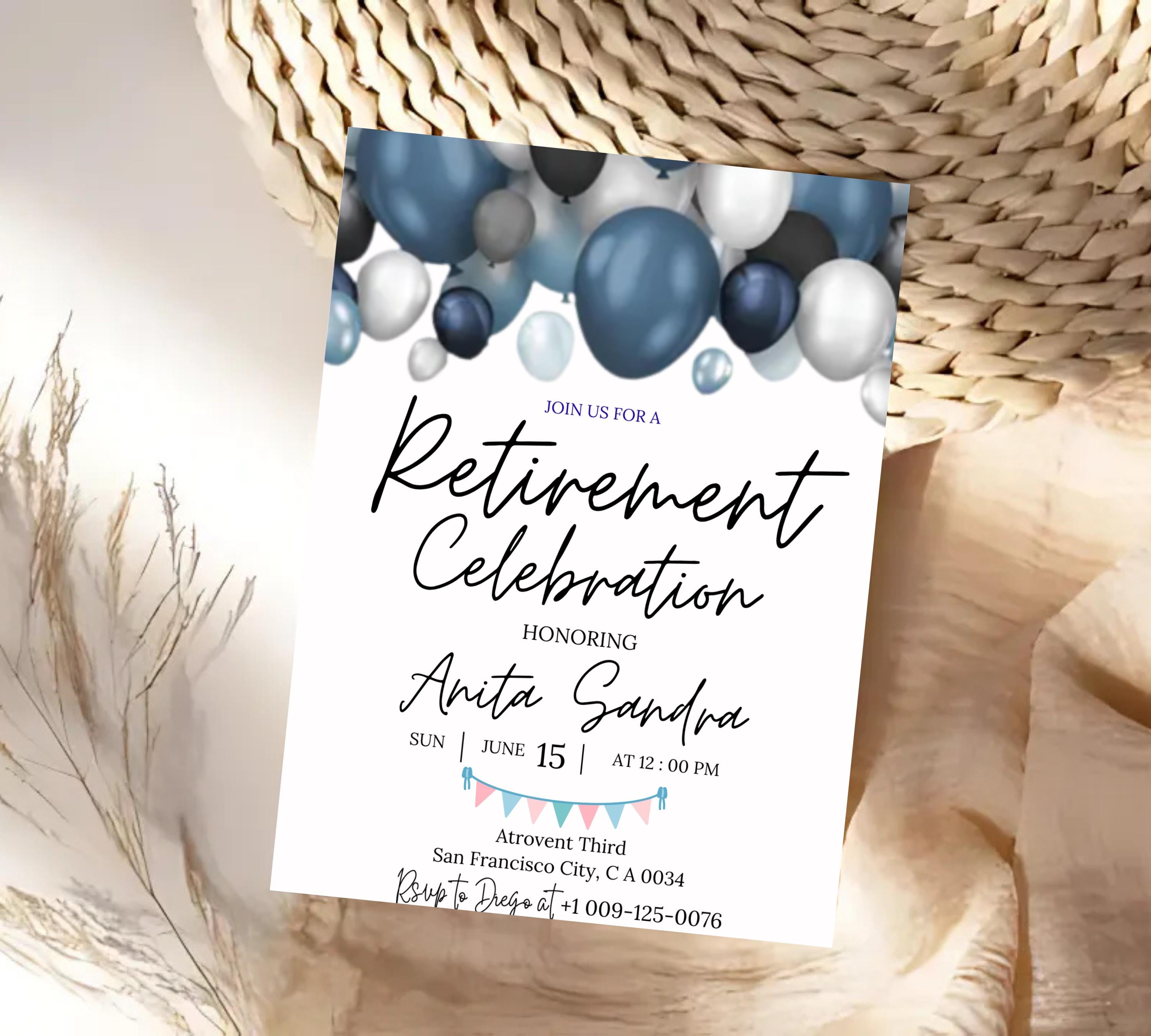 Retirement Party Invitation, Elegant Blue White Black + Silver Balloons, Work Retire Mens Women's, Out of Office Forever, Retirement Invite