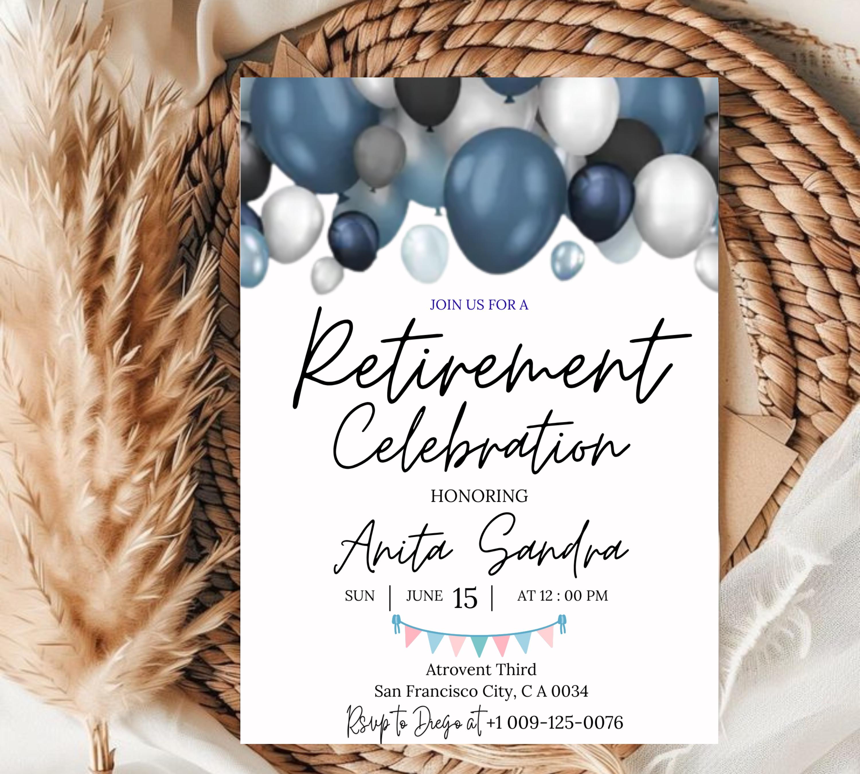 Retirement Party Invitation, Elegant Blue White Black + Silver Balloons, Work Retire Mens Women's, Out of Office Forever, Retirement Invite
