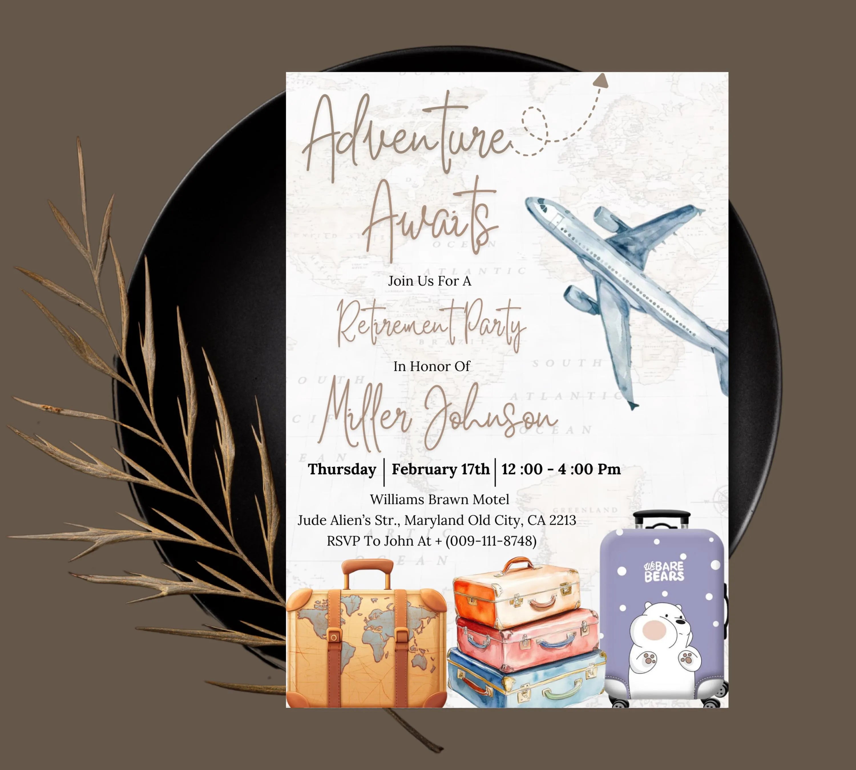 Travel Retirement Invitation, Adventure Awaits Retirement Party Templates, Around The World Farewell Party, Suitcase Luggage Travel Invites