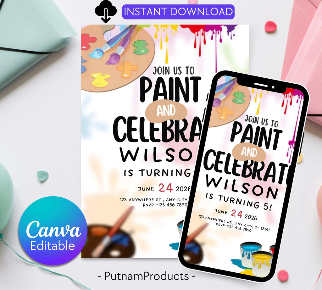 Painting Birthday Party Invitation, Art Party Invitation, Art Birthday Party Invitation, Dress for a Mess, Art Themed, Instant Download