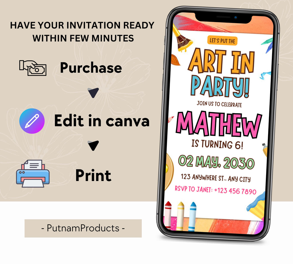 Art Painting Birthday Party Invitation, Art Party Invitation, Art Kids Birthday Party Invitation, Art Themed Invitation, Instant Download